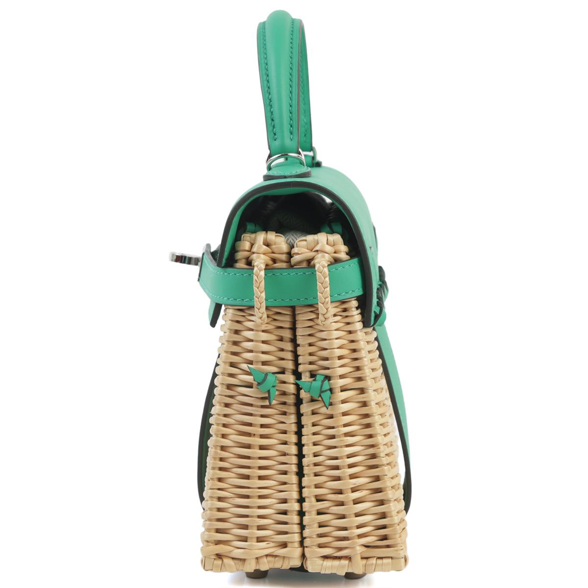 Unused ( Rank NS ) HERMÈS Limited Edition Kelly Picnic Mini Vert Verone (U1) Swift Osier Wicker Palladium hardware B (2023) - 5