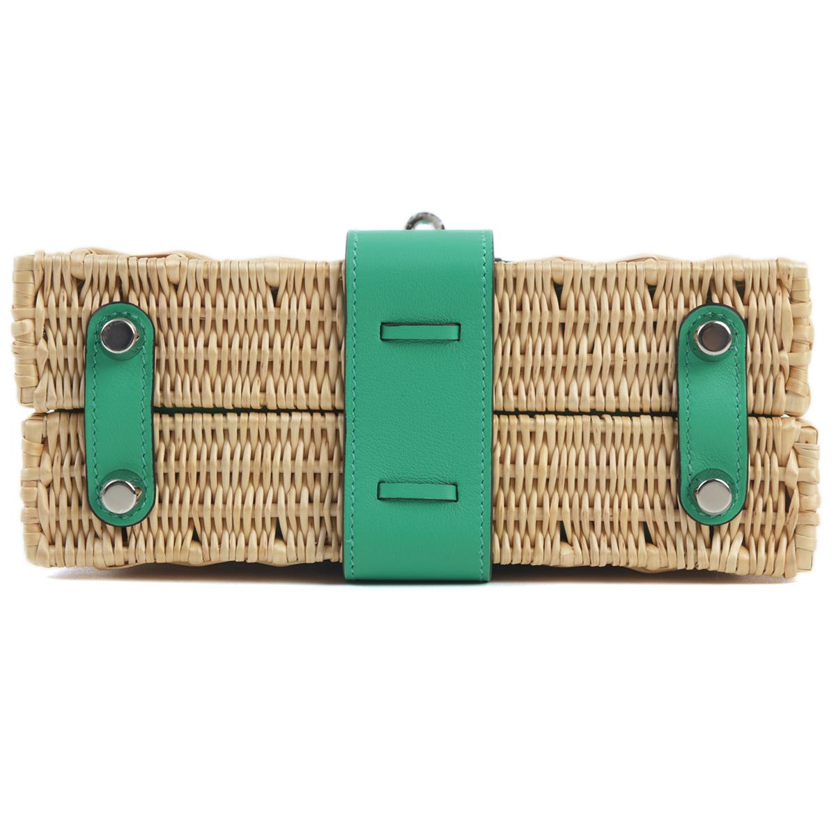 Unused ( Rank NS ) HERMÈS Limited Edition Kelly Picnic Mini Vert Verone (U1) Swift Osier Wicker Palladium hardware B (2023) - 6