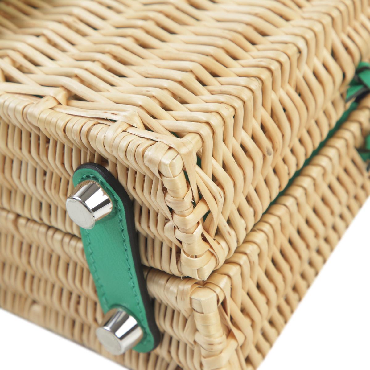 Unused ( Rank NS ) HERMÈS Limited Edition Kelly Picnic Mini Vert Verone (U1) Swift Osier Wicker Palladium hardware B (2023) - 11