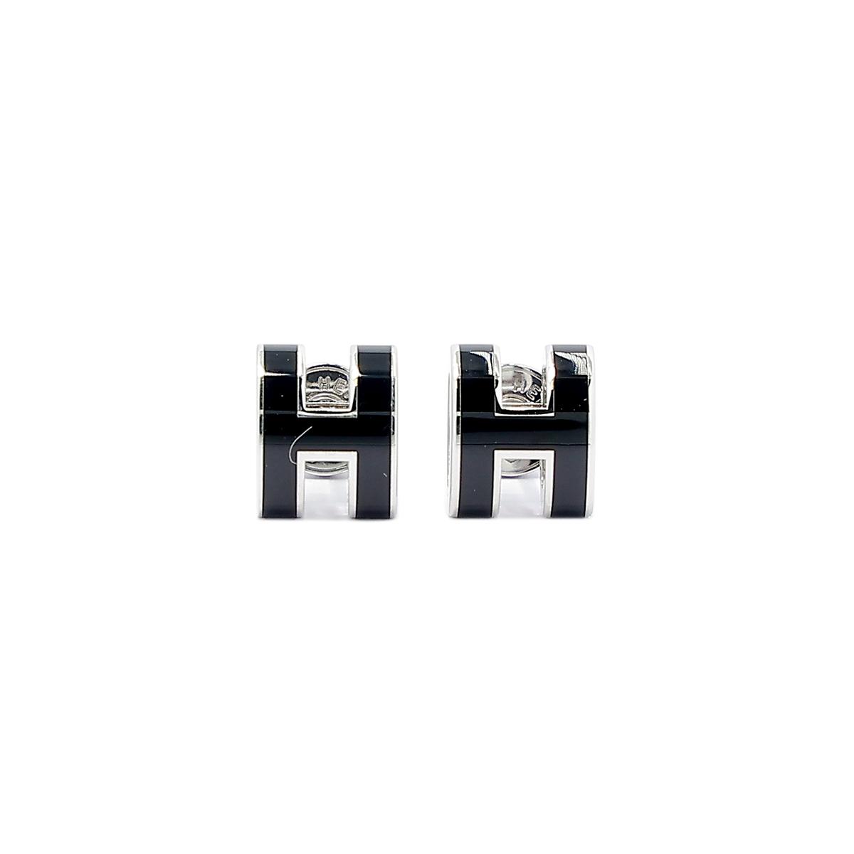Brand New ( Rank N ) HERMÈS Mini Pop H earrings Black (89) Palladium hardware - 1