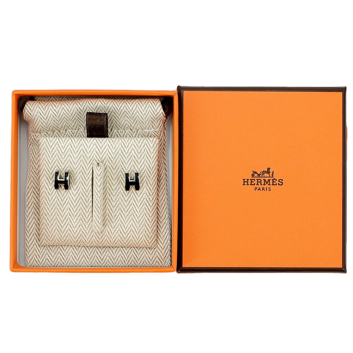 Brand New ( Rank N ) HERMÈS Mini Pop H earrings Black (89) Palladium hardware - 8