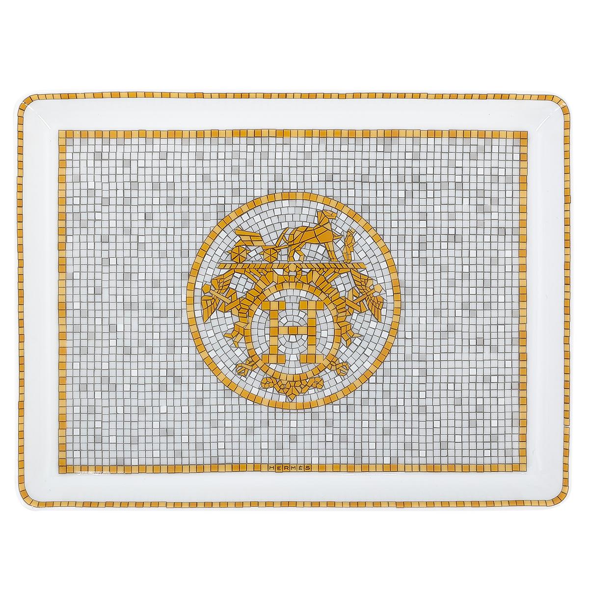 Brand New ( Rank N ) HERMÈS Mosaique au 24 gold tray, small model  Yellow Orange Gray White Porcelain - 1