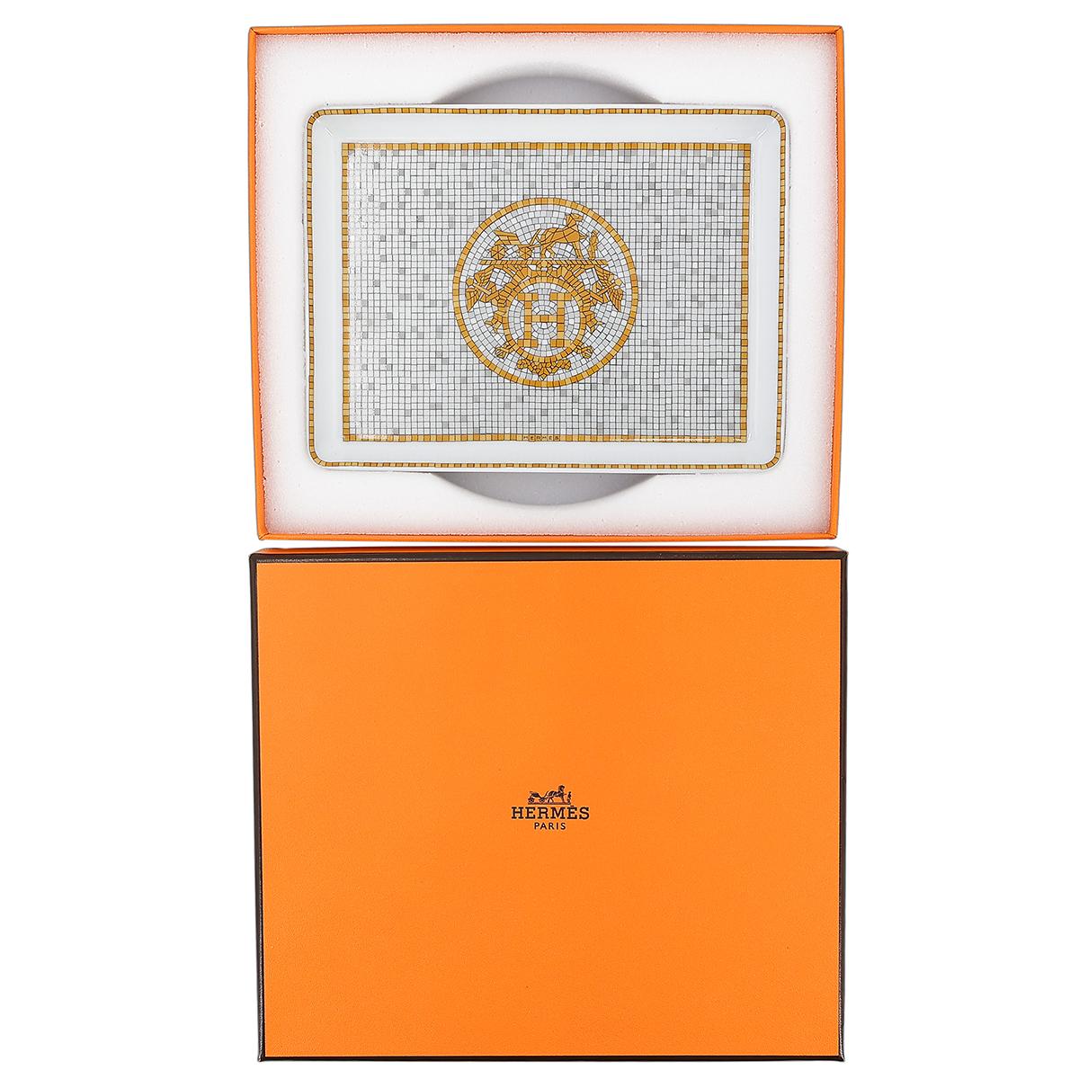 Brand New ( Rank N ) HERMÈS Mosaique au 24 gold tray, small model  Yellow Orange Gray White Porcelain - 8