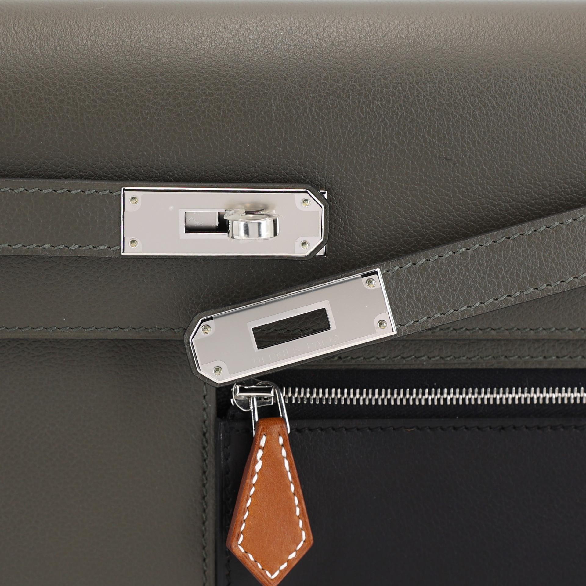 Brand New ( Rank N ) HERMÈS Kelly depeches 25 Colormatic 
 Fauve (34) Black (89) Vert de Gris (C6) Evercolor Palladium hardware B (2023) - 9