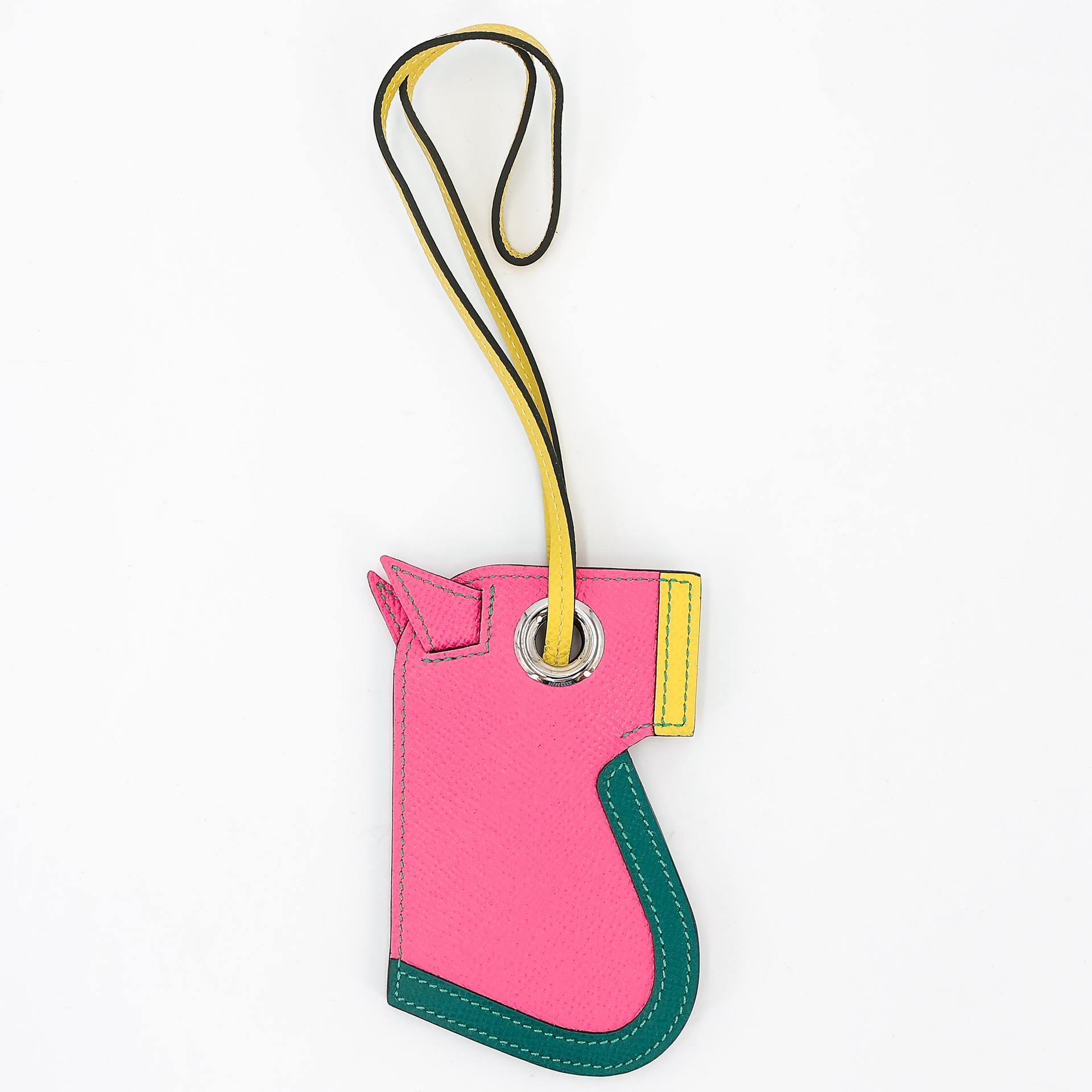 Unused ( Rank NS ) HERMÈS Camail Key Ring Jaune Ambre (9D) Rose Azalee (8W) Vert Cypress (6O) Epsom Y (2020) - 4