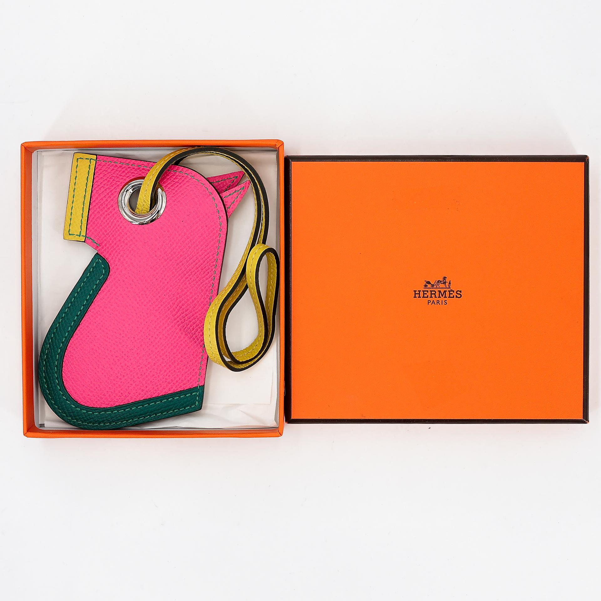 Unused ( Rank NS ) HERMÈS Camail Key Ring Jaune Ambre (9D) Rose Azalee (8W) Vert Cypress (6O) Epsom Y (2020) - 9
