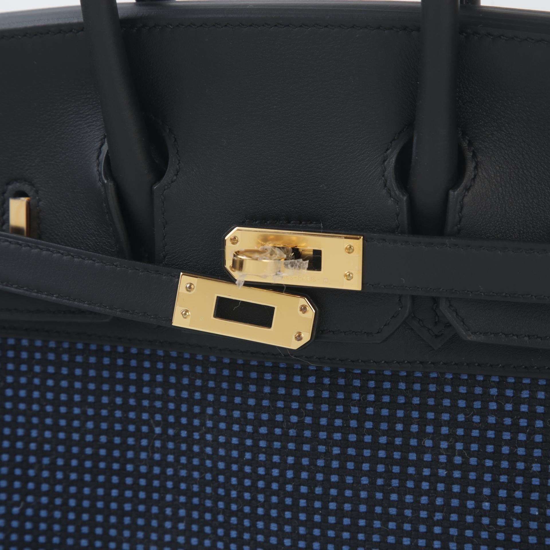 Brand New ( Rank N ) HERMÈS Limited Edition Birkin 25 Black (89) Bleu Egee Swift Toile Quadrille canvas Gold hardware W (2024) - 8