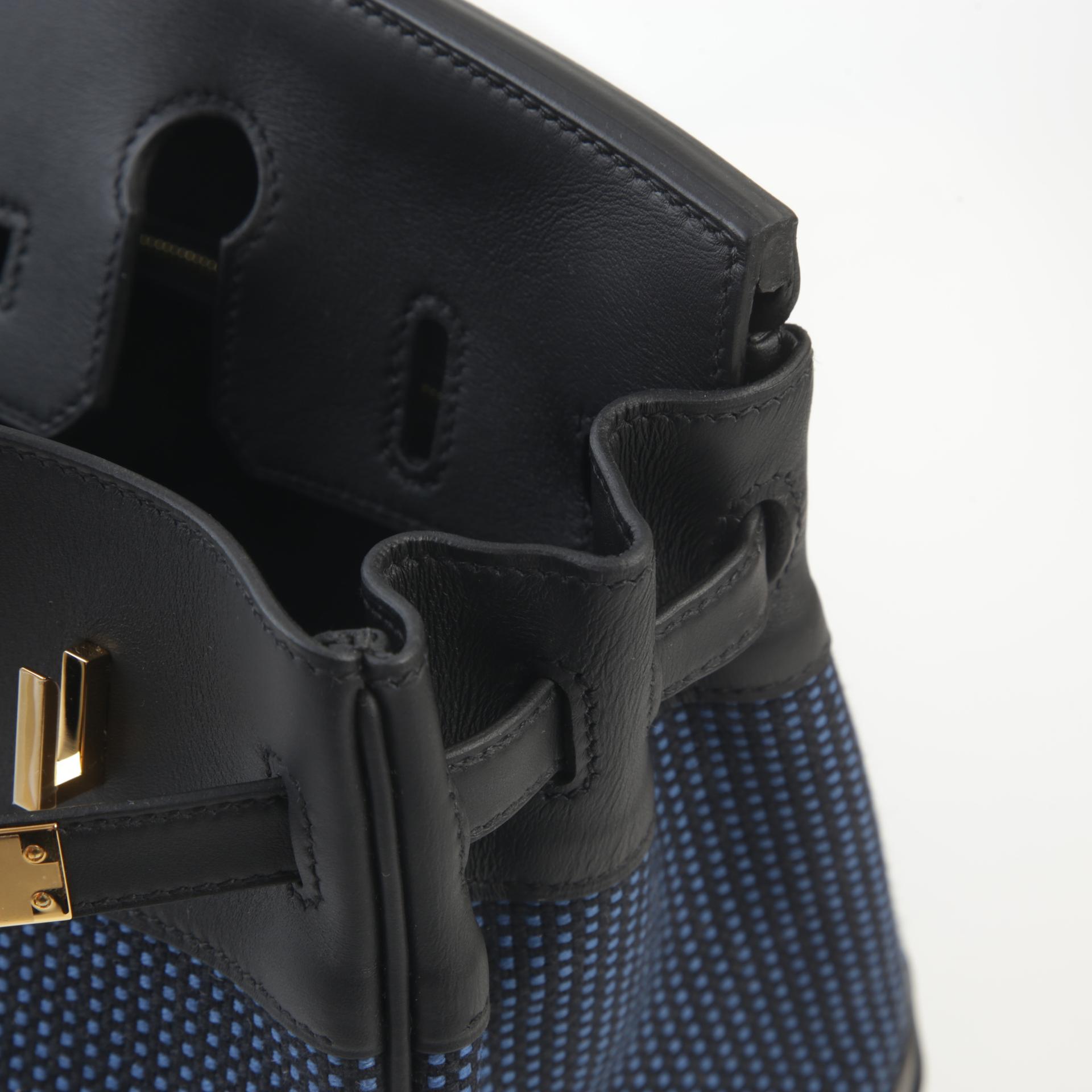 Brand New ( Rank N ) HERMÈS Limited Edition Birkin 25 Black (89) Bleu Egee Swift Toile Quadrille canvas Gold hardware W (2024) - 11