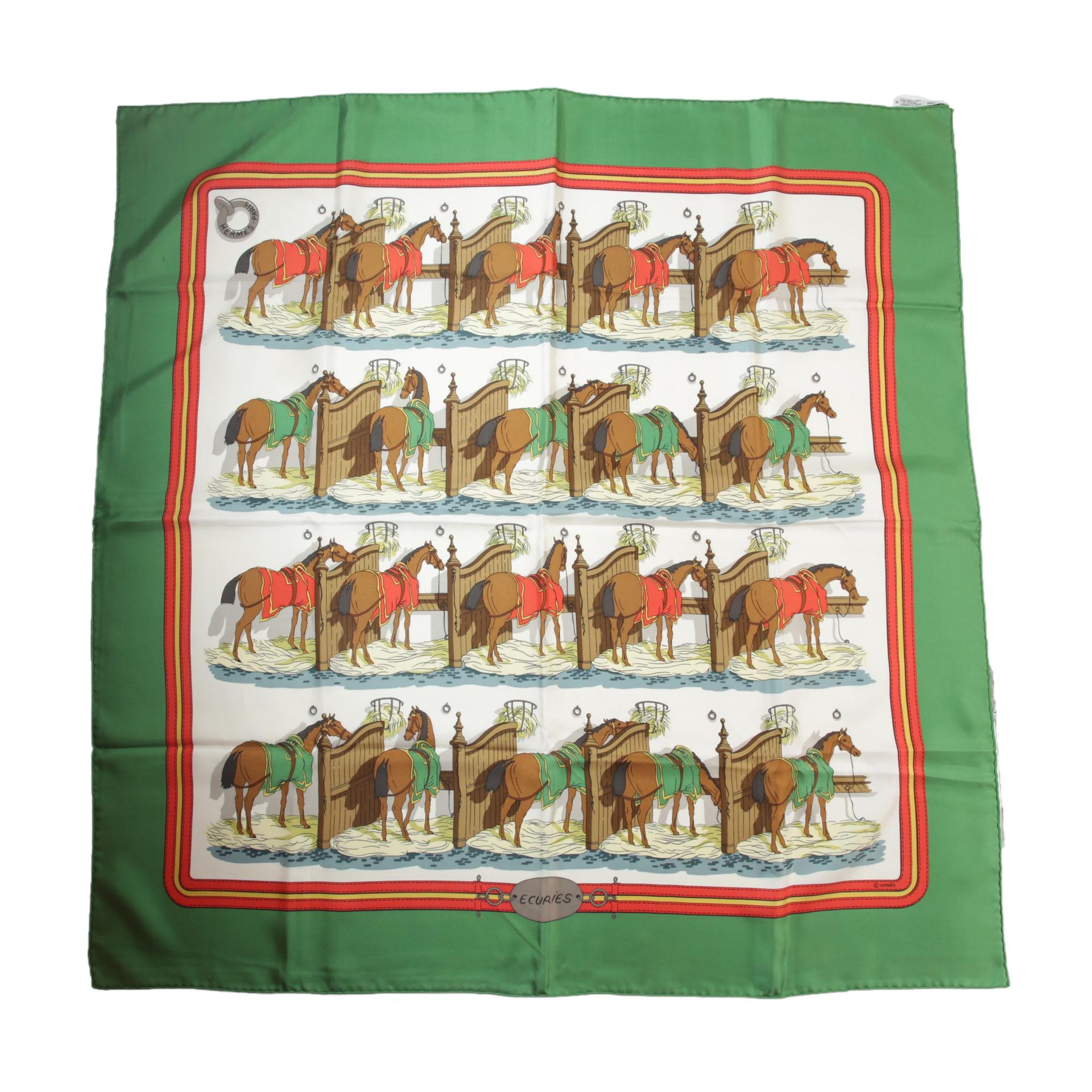 Good ( Rank AB) HERMÈS Carre 90 ECURIES scarf Green Silk - 1