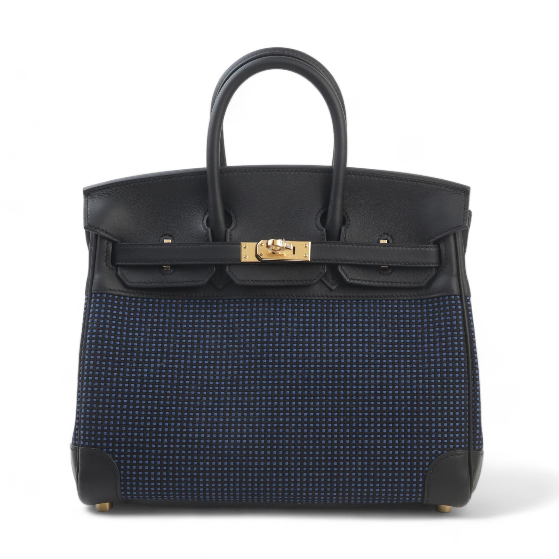 Brand New ( Rank N ) HERMÈS Limited Edition Birkin 25 Black (89) Bleu Egee Swift Toile Quadrille canvas Gold hardware W (2024) - 1