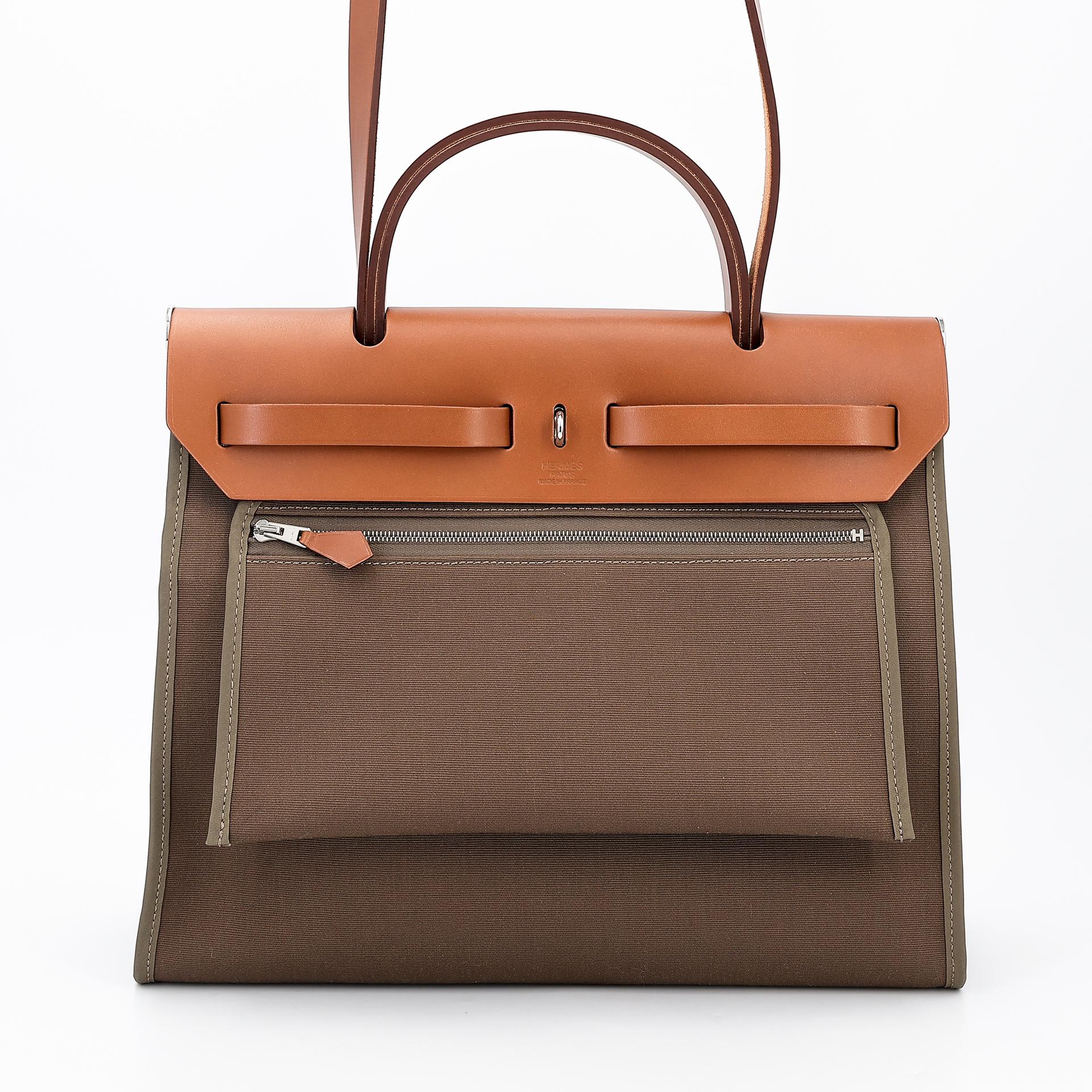 Excellent ( Rank SA ) HERMÈS Herbag PM Etoupe (18) Gold (37) Canvas  Leather Palladium hardware D (2019) - 2
