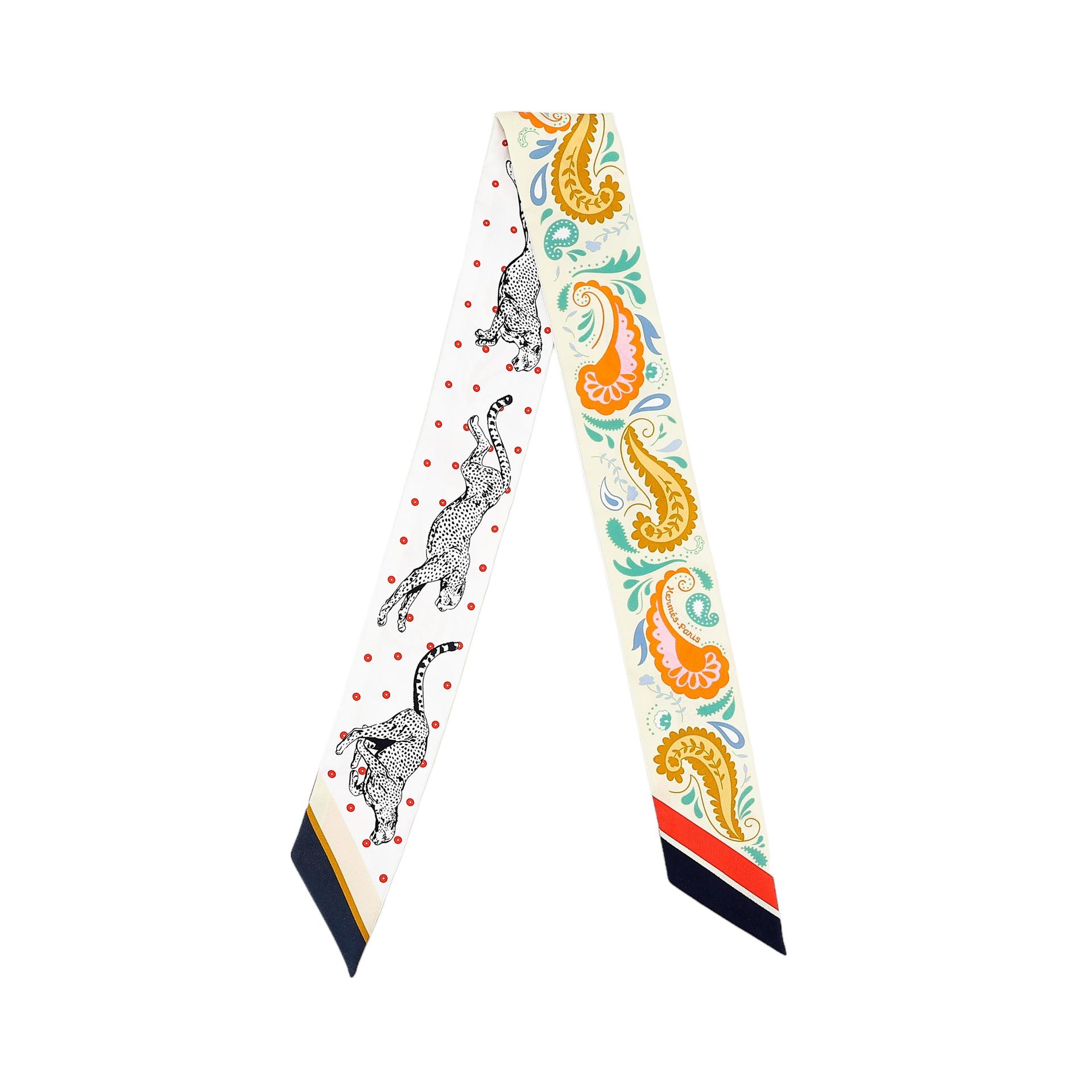 Brand New ( Rank N ) HERMÈS Twilly Guepards Bandana Orange Green Jaune Silk - 1