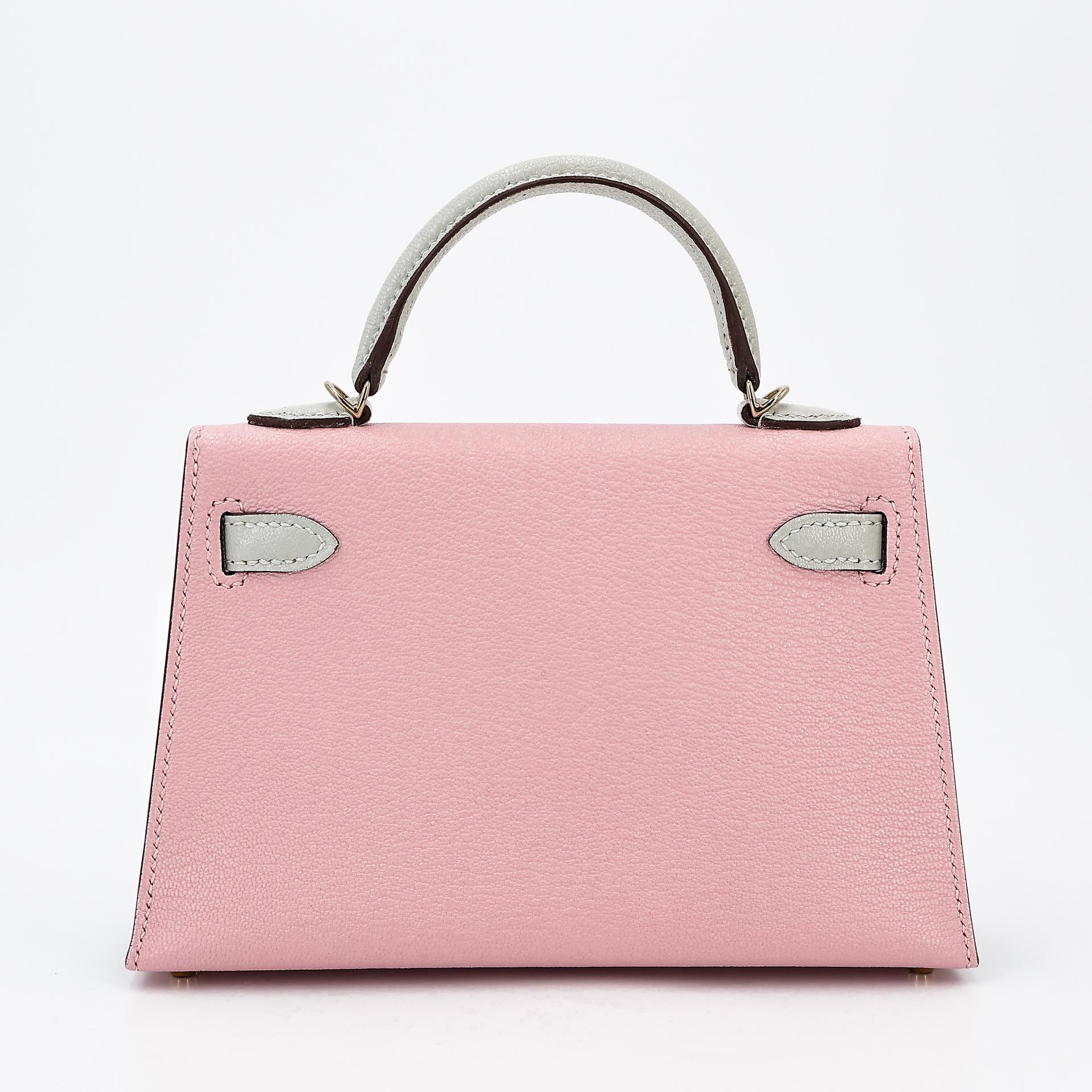 Brand New ( Rank N ) HERMÈS Special Order Mini Kelly II HSS Rose Sakura (3Q) Gris Perle (80) Chevre Permabrass hardware B (2023) - 2