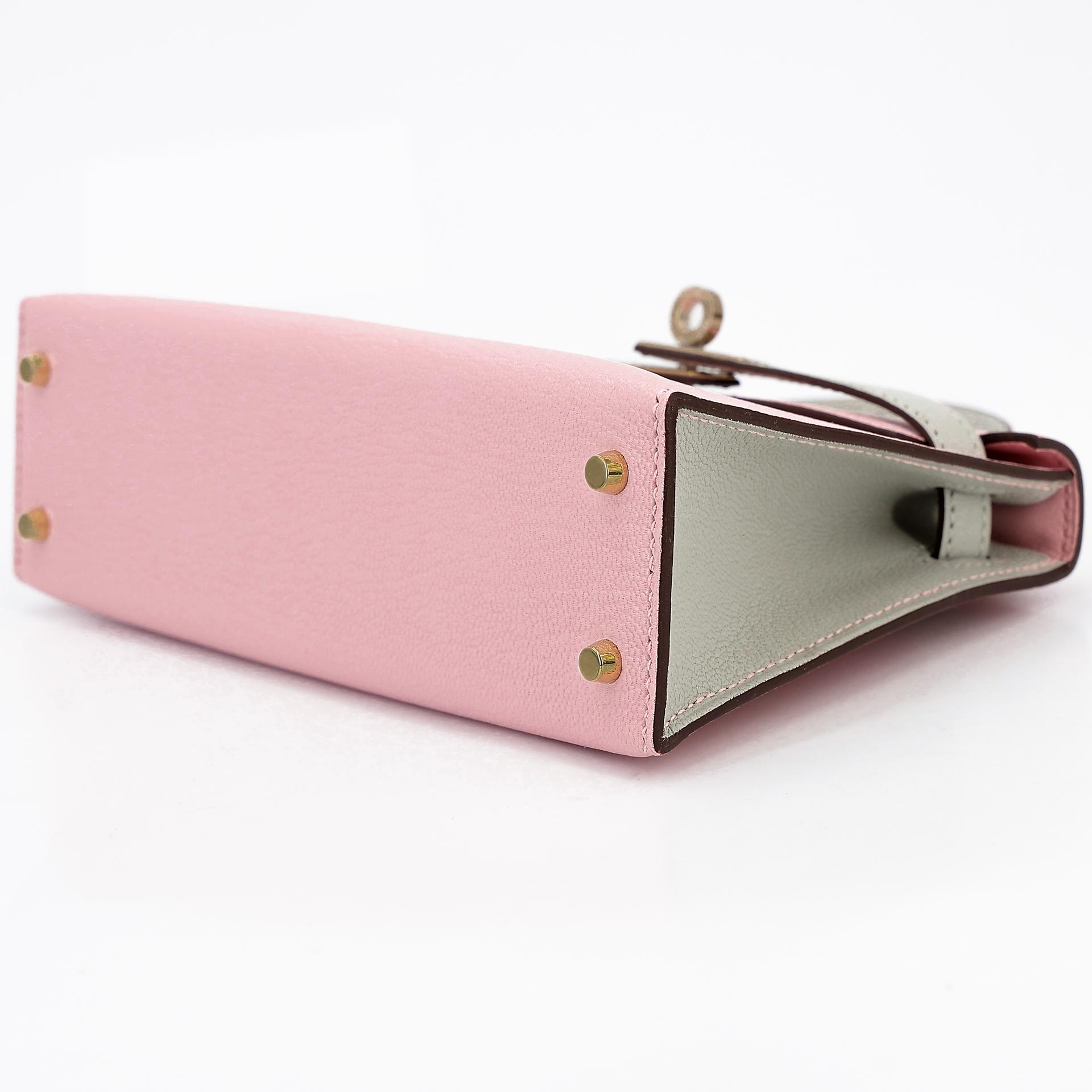Brand New ( Rank N ) HERMÈS Special Order Mini Kelly II HSS Rose Sakura (3Q) Gris Perle (80) Chevre Permabrass hardware B (2023) - 4