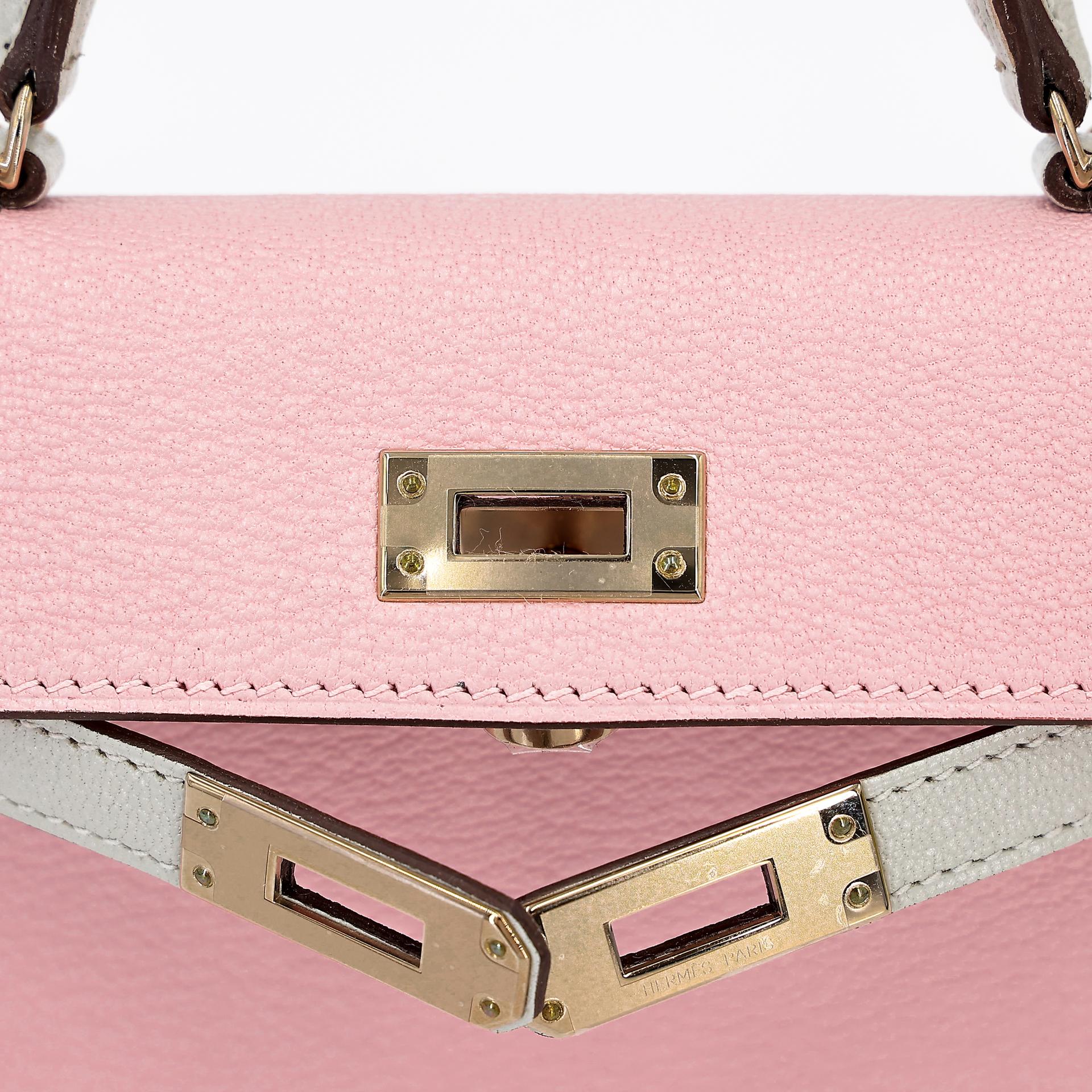 Brand New ( Rank N ) HERMÈS Special Order Mini Kelly II HSS Rose Sakura (3Q) Gris Perle (80) Chevre Permabrass hardware B (2023) - 9