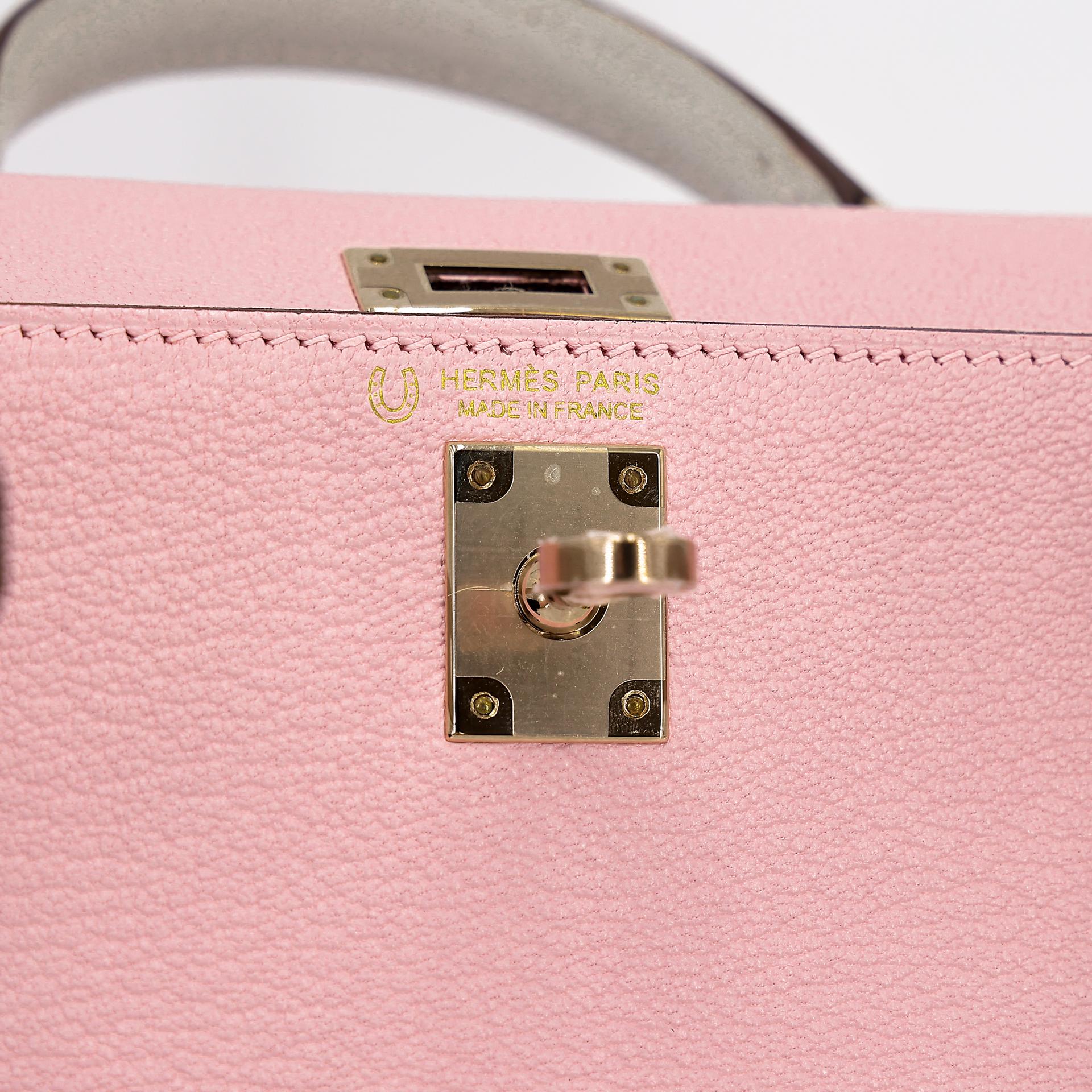 Brand New ( Rank N ) HERMÈS Special Order Mini Kelly II HSS Rose Sakura (3Q) Gris Perle (80) Chevre Permabrass hardware B (2023) - 11