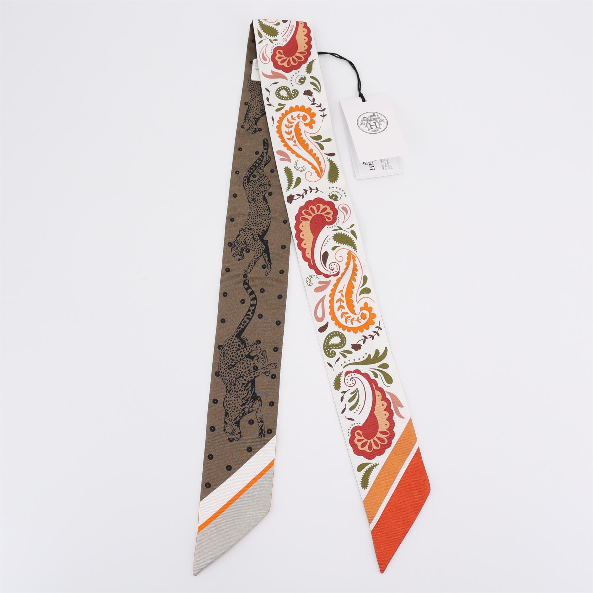 Brand New ( Rank N ) HERMÈS Twilly Guepards Bandana Orange Silk - 2