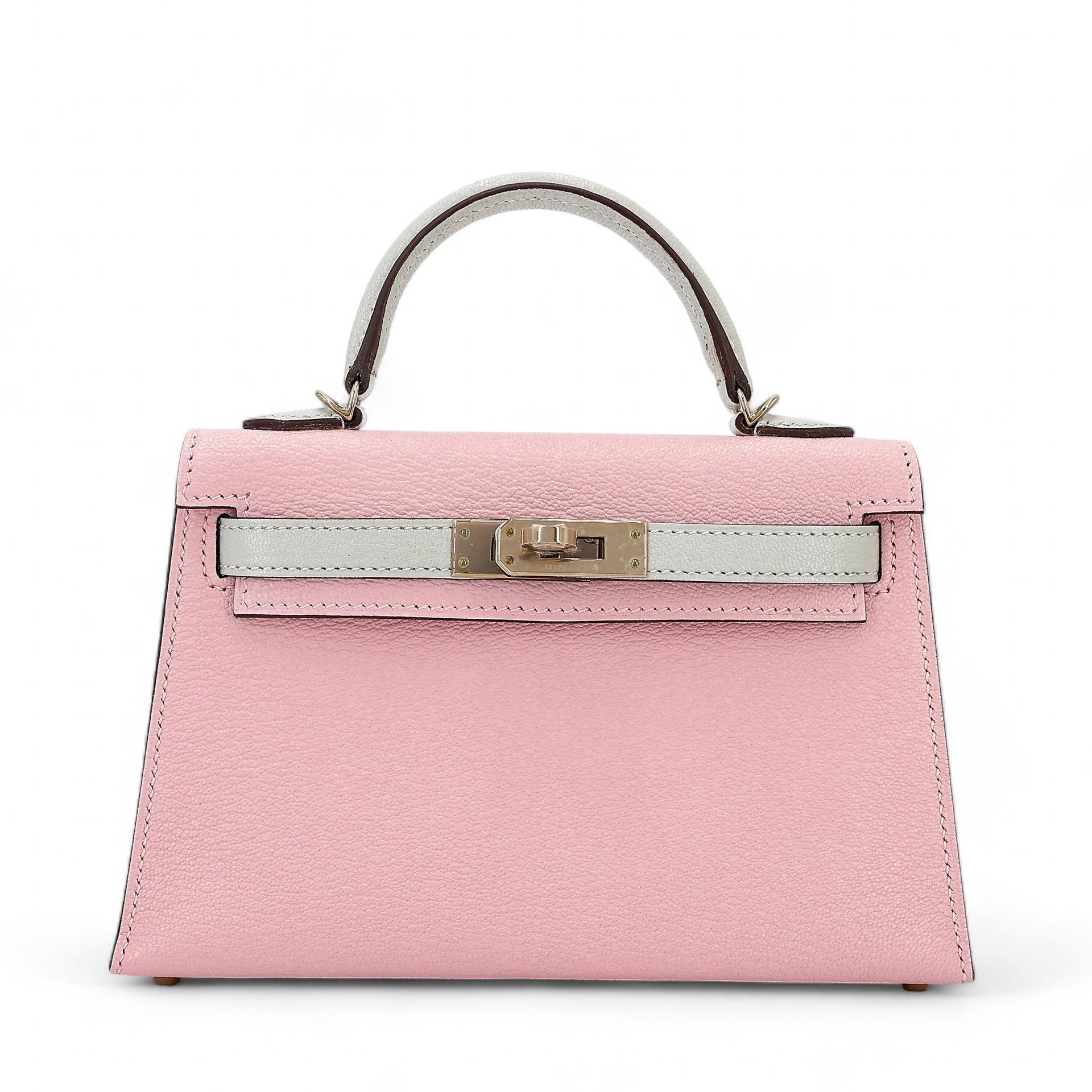 Brand New ( Rank N ) HERMÈS Special Order Mini Kelly II HSS Rose Sakura (3Q) Gris Perle (80) Chevre Permabrass hardware B (2023) - 1