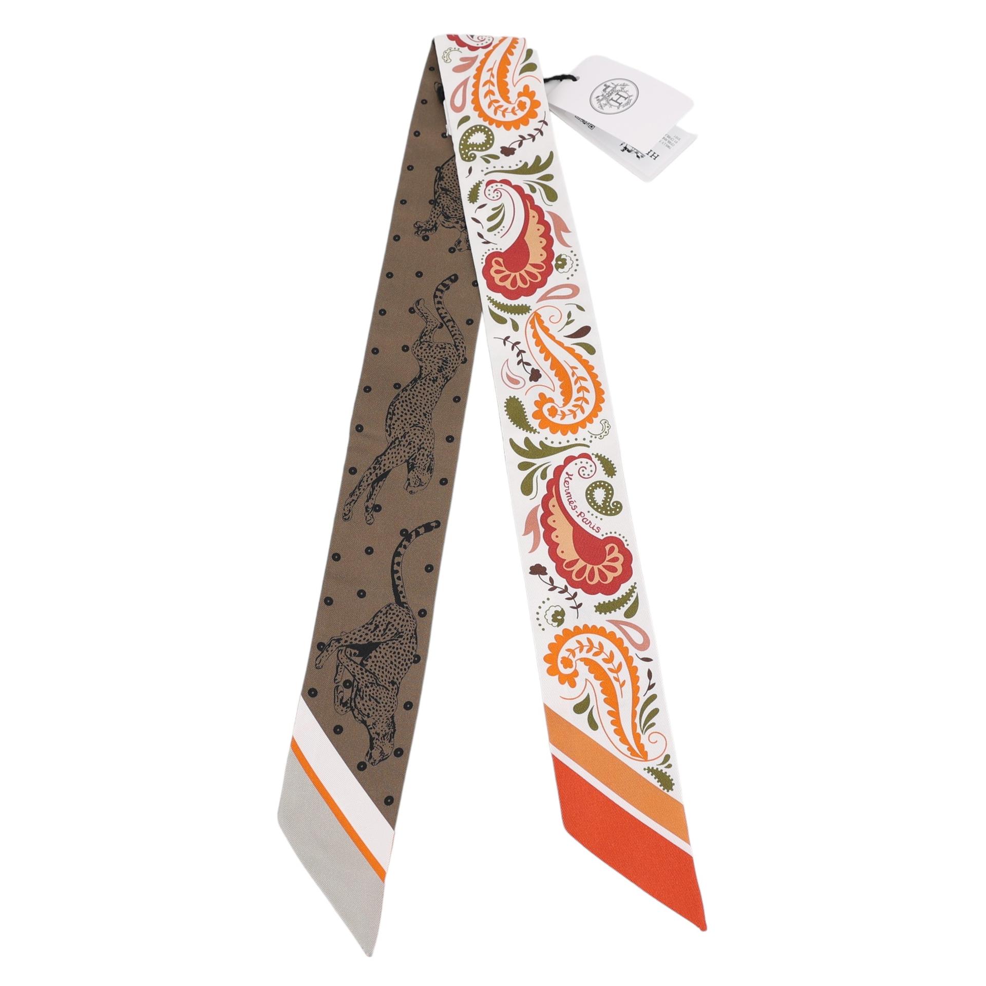 Brand New ( Rank N ) HERMÈS Twilly Guepards Bandana Orange Silk - 1