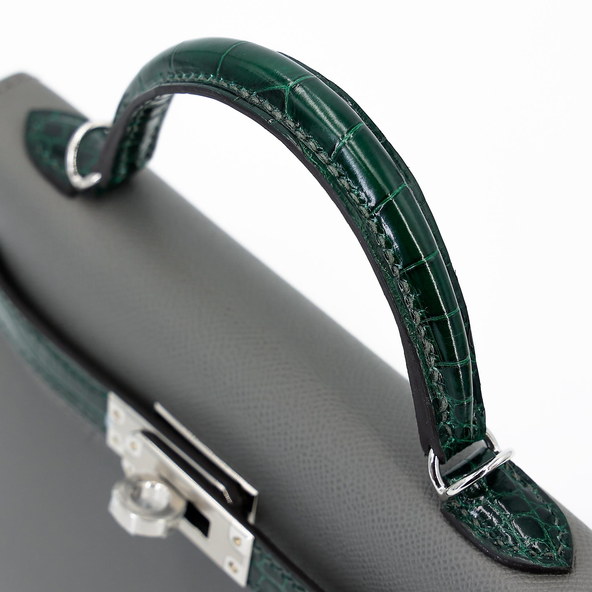 Brand New ( Rank N ) HERMÈS Mini Kelly II Touch Gris Meyer (0L) Vert Fonce (67) Madame Alligator Palladium hardware W (2024) - 3