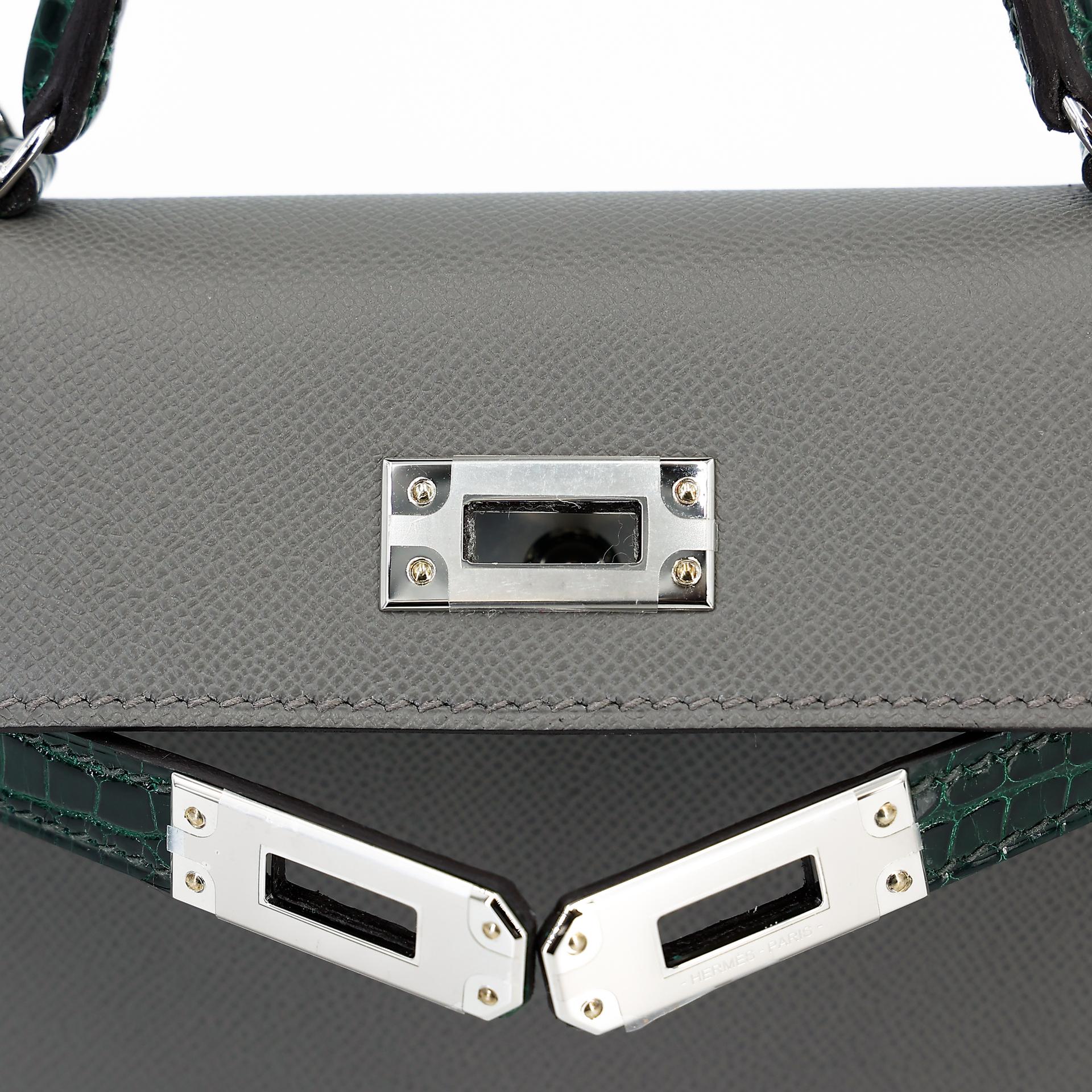 Brand New ( Rank N ) HERMÈS Mini Kelly II Touch Gris Meyer (0L) Vert Fonce (67) Madame Alligator Palladium hardware W (2024) - 9