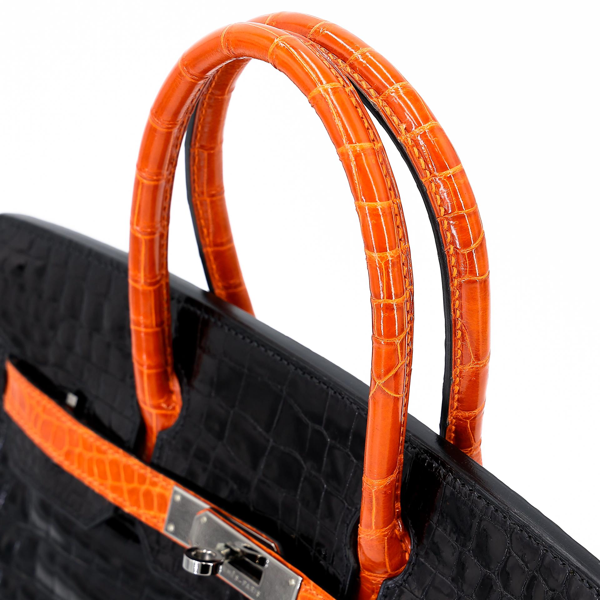 Very Good ( Rank A) HERMÈS Birkin 30 Orange (93) Black (89) Niloticus Crocodile Ruthenium hardware Square H (2004) - 3