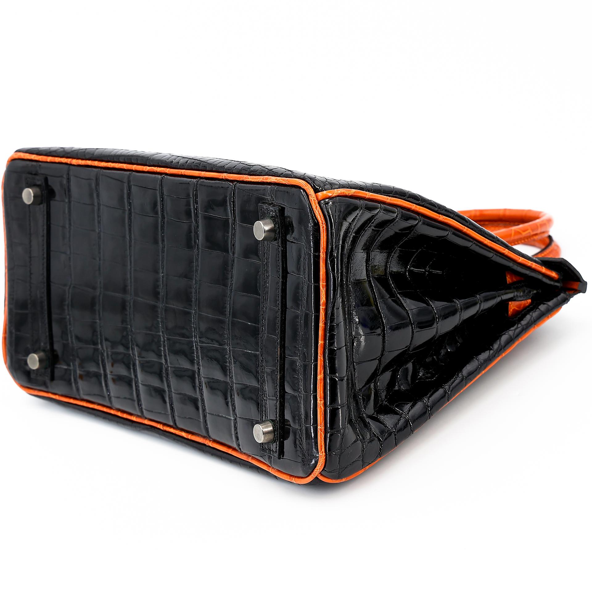 Very Good ( Rank A) HERMÈS Birkin 30 Orange (93) Black (89) Niloticus Crocodile Ruthenium hardware Square H (2004) - 4
