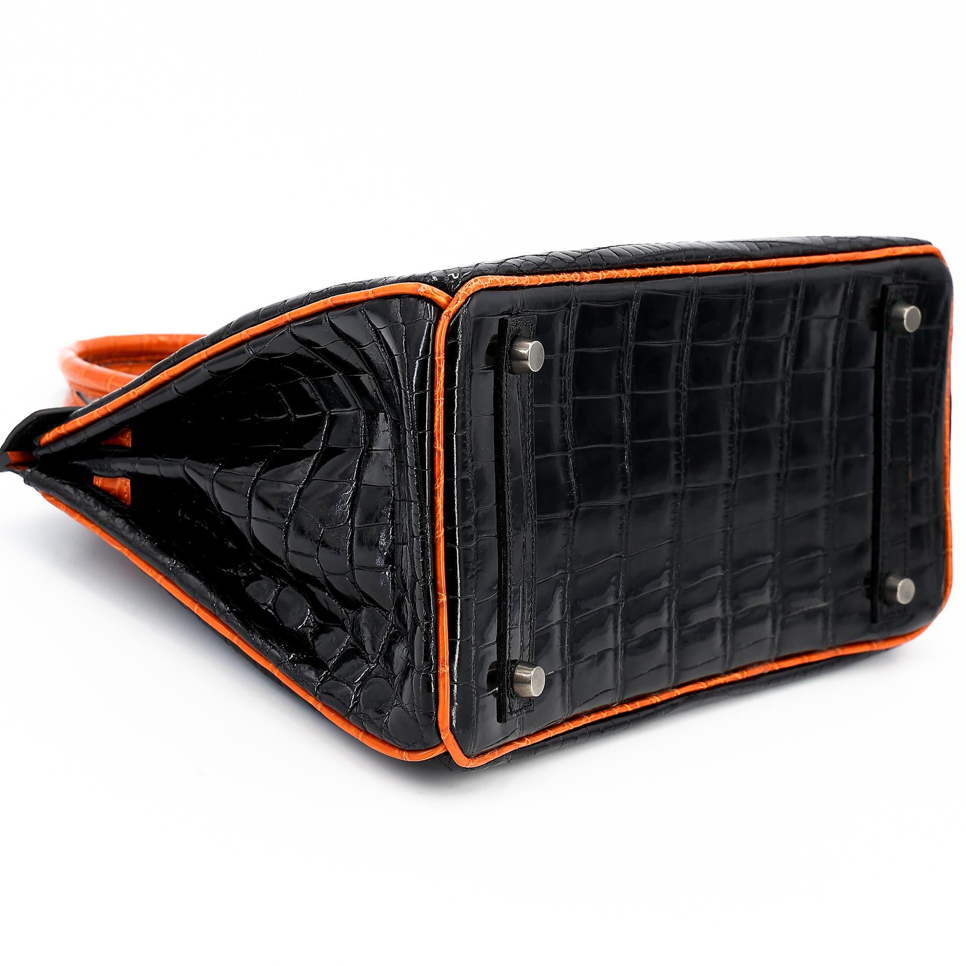 Very Good ( Rank A) HERMÈS Birkin 30 Orange (93) Black (89) Niloticus Crocodile Ruthenium hardware Square H (2004) - 5