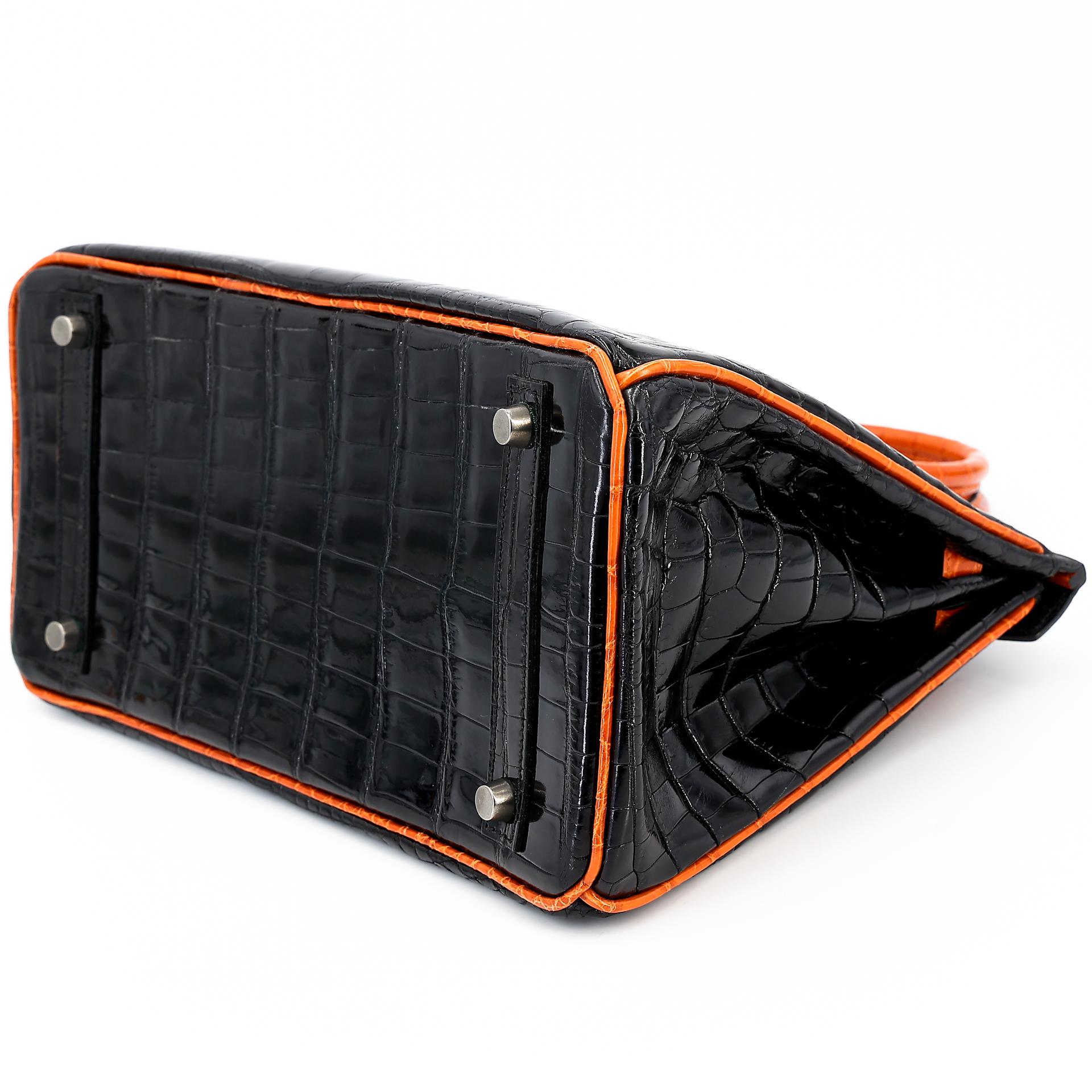 Very Good ( Rank A) HERMÈS Birkin 30 Orange (93) Black (89) Niloticus Crocodile Ruthenium hardware Square H (2004) - 6