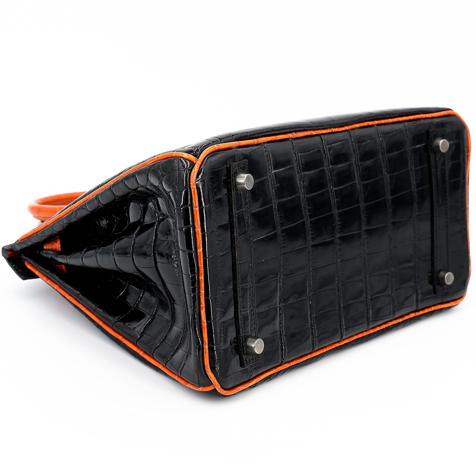 Very Good ( Rank A) HERMÈS Birkin 30 Orange (93) Black (89) Niloticus Crocodile Ruthenium hardware Square H (2004) - 7