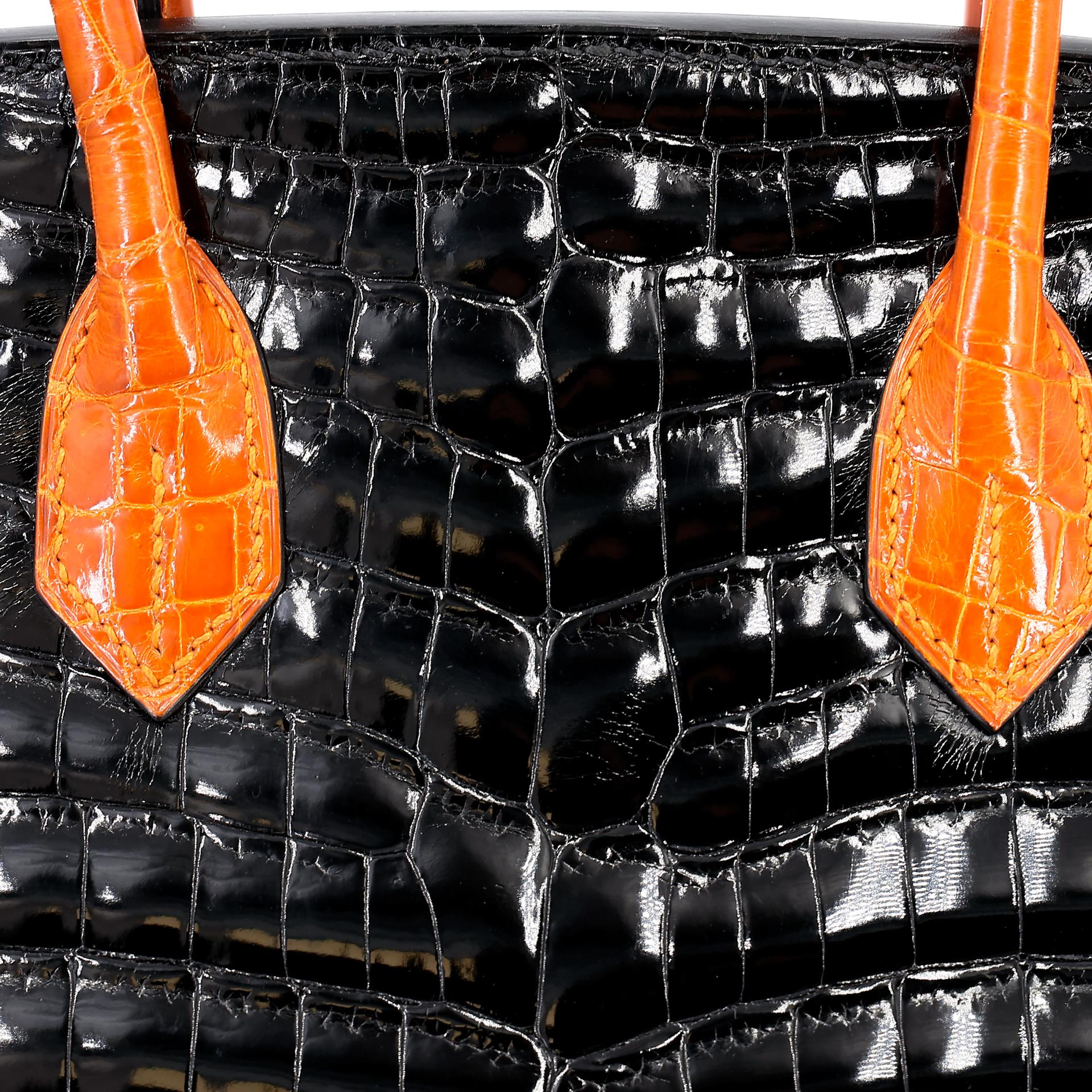 Very Good ( Rank A) HERMÈS Birkin 30 Orange (93) Black (89) Niloticus Crocodile Ruthenium hardware Square H (2004) - 16