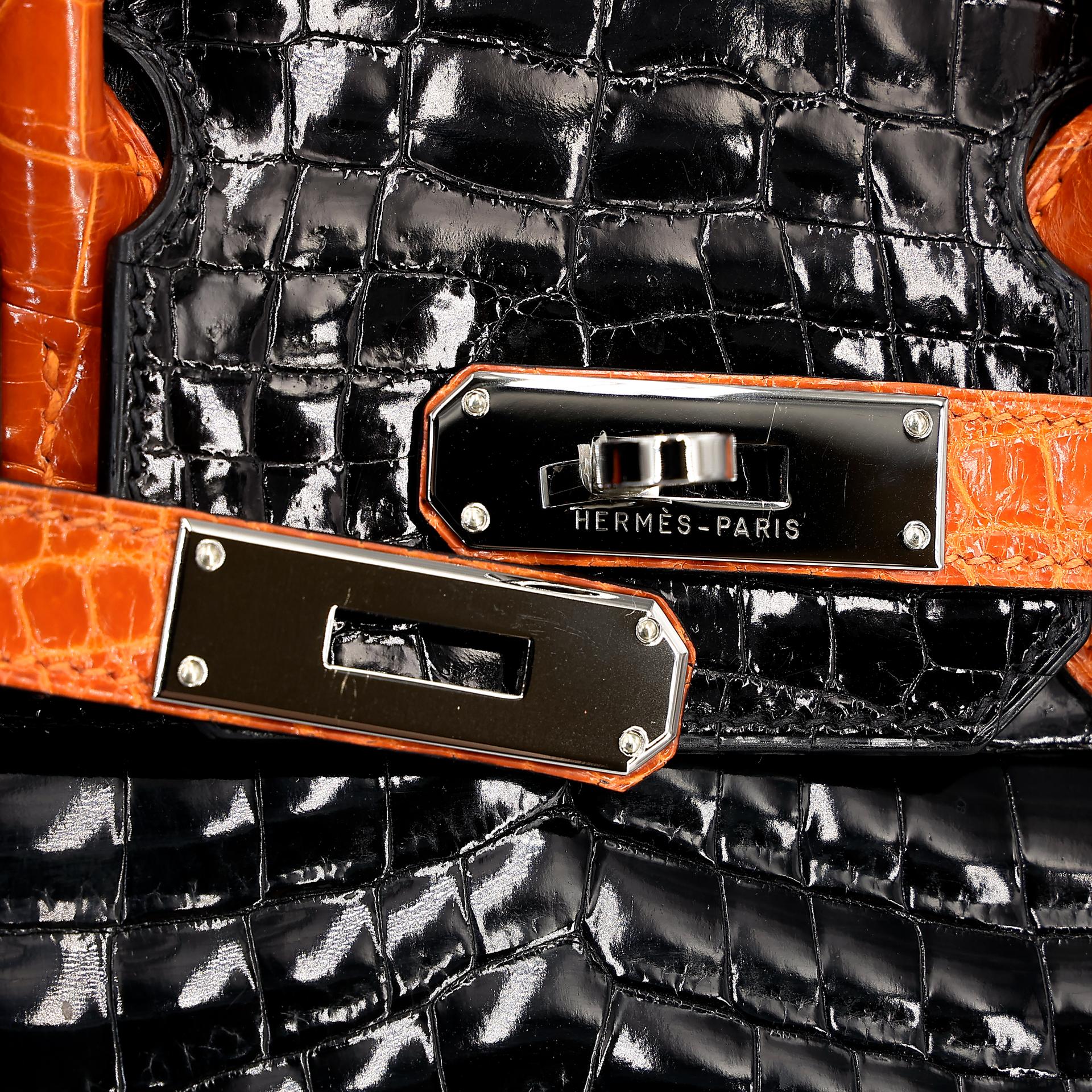 Very Good ( Rank A) HERMÈS Birkin 30 Orange (93) Black (89) Niloticus Crocodile Ruthenium hardware Square H (2004) - 19
