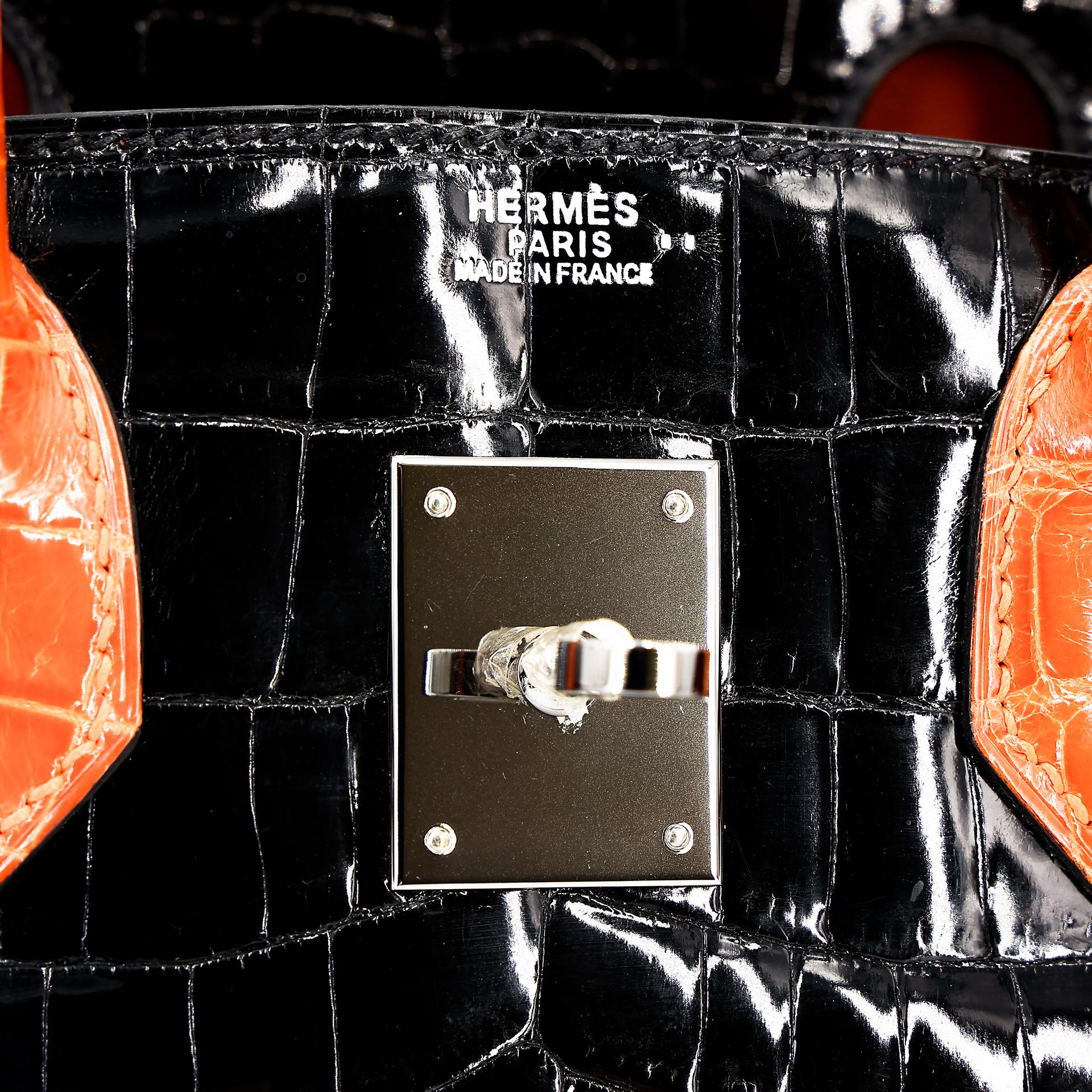 Very Good ( Rank A) HERMÈS Birkin 30 Orange (93) Black (89) Niloticus Crocodile Ruthenium hardware Square H (2004) - 20