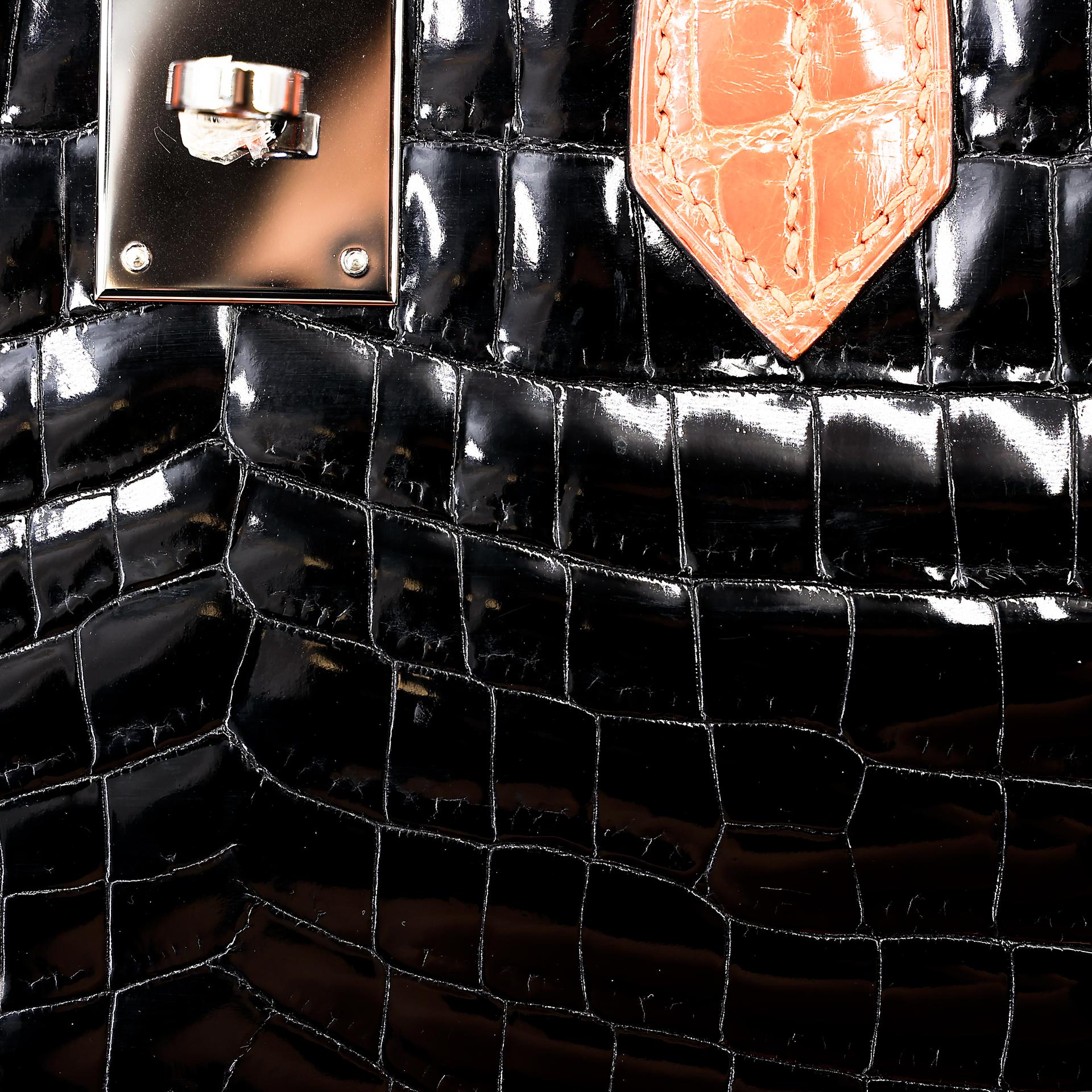 Very Good ( Rank A) HERMÈS Birkin 30 Orange (93) Black (89) Niloticus Crocodile Ruthenium hardware Square H (2004) - 17