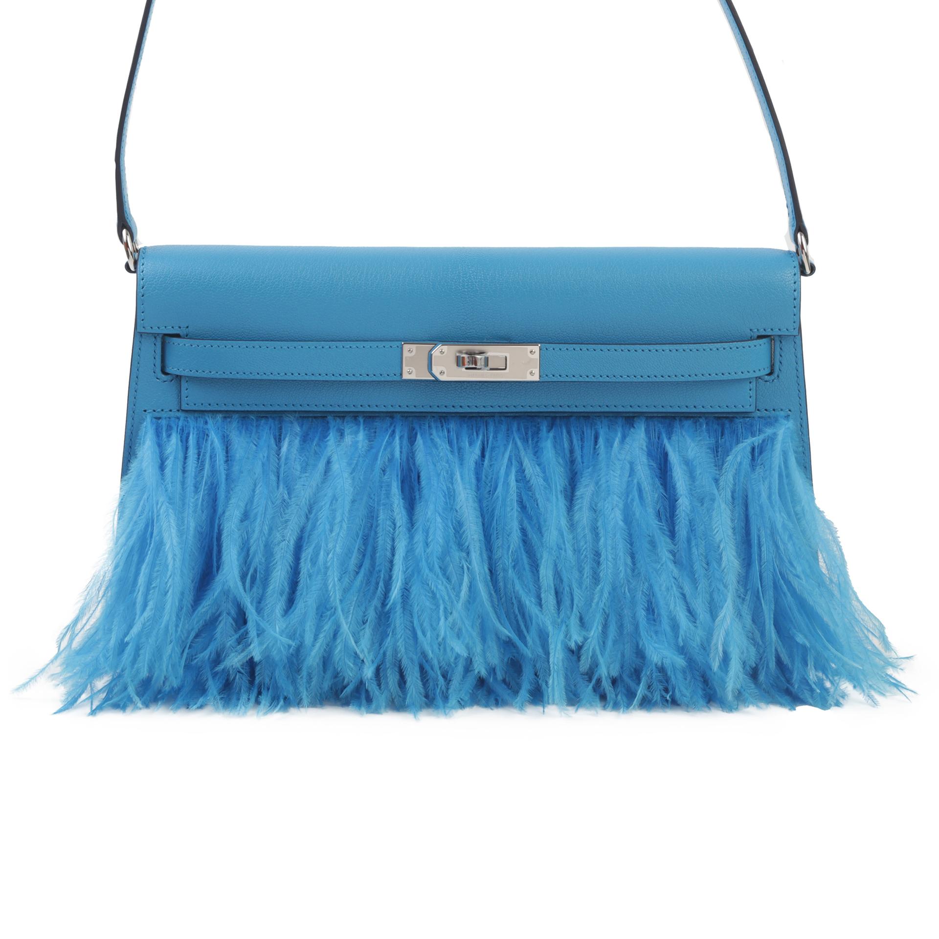 Unused ( Rank NS ) HERMÈS Limited Edition Kelly Elan Folie Bleu Frida (0F) Ostrich feather Chevre Permabrass hardware B (2023) - 1