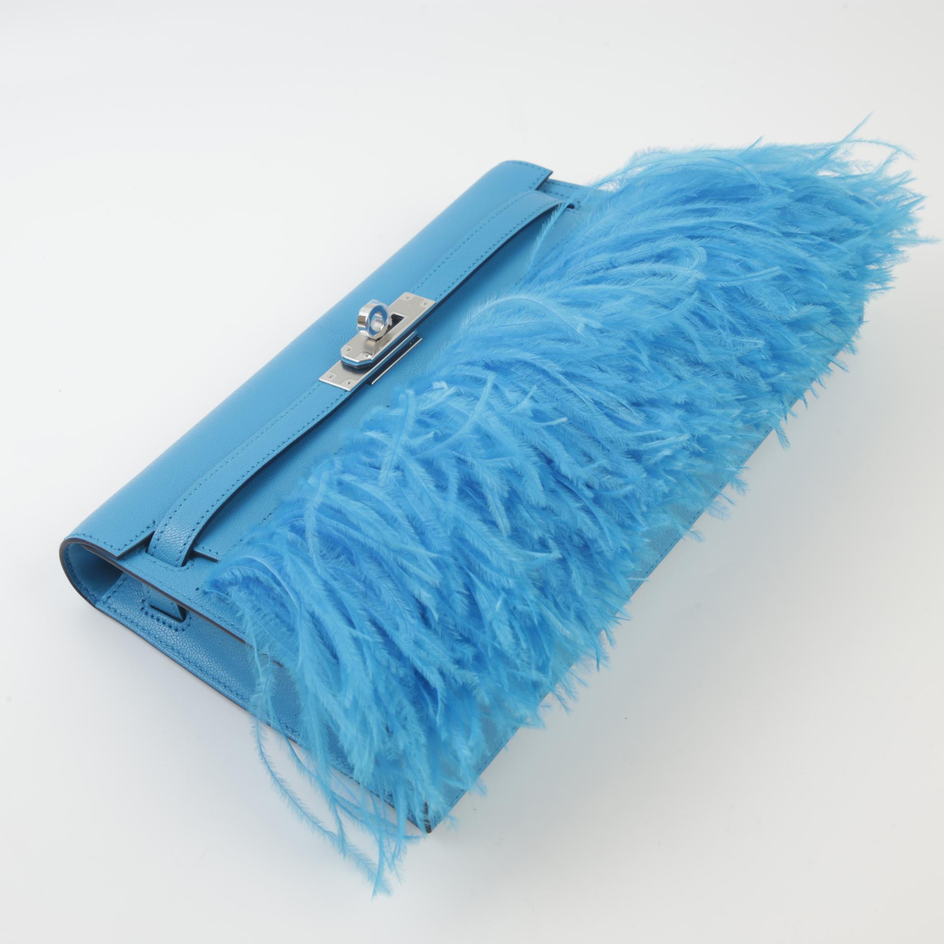 Unused ( Rank NS ) HERMÈS Limited Edition Kelly Elan Folie Bleu Frida (0F) Ostrich feather Chevre Permabrass hardware B (2023) - 3