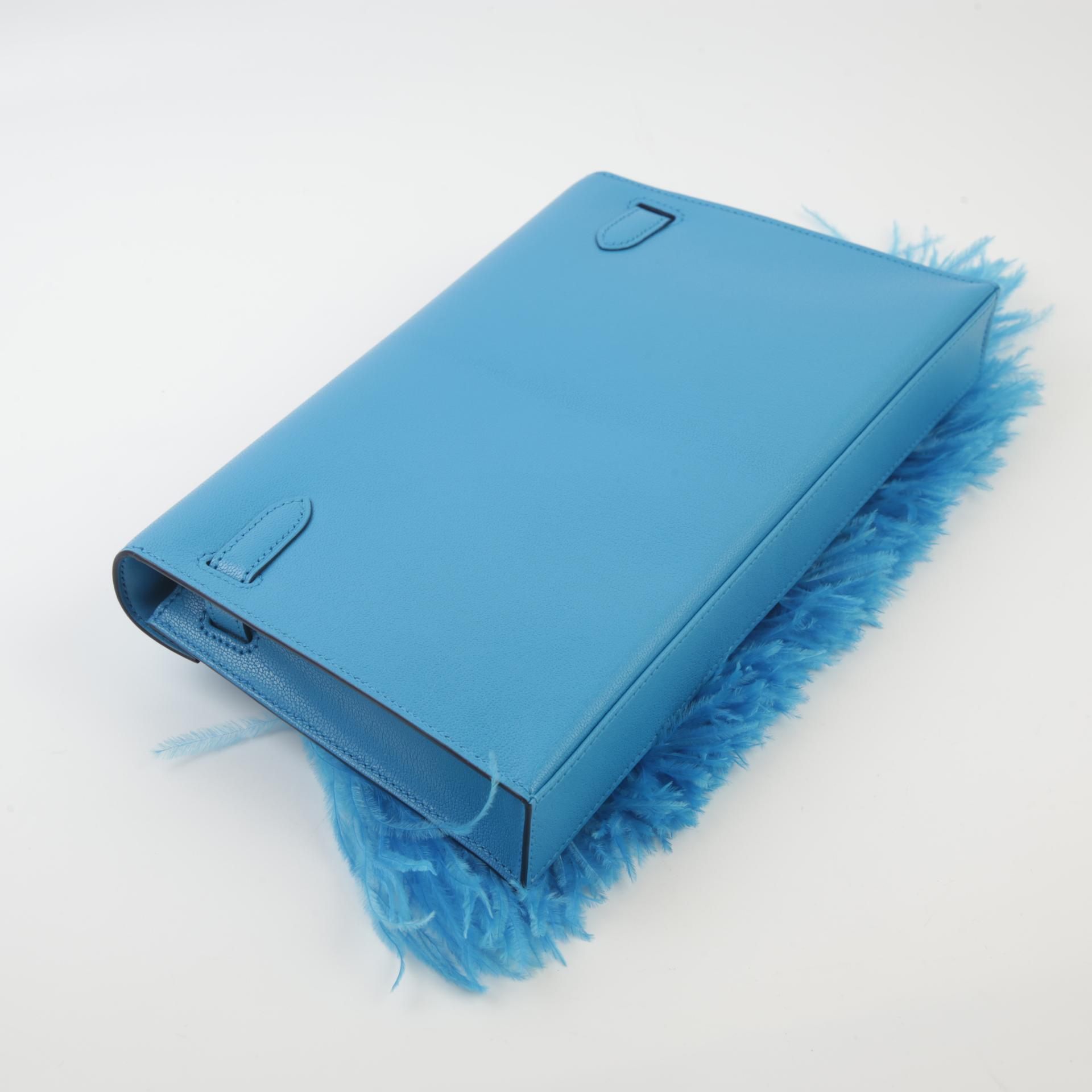 Unused ( Rank NS ) HERMÈS Limited Edition Kelly Elan Folie Bleu Frida (0F) Ostrich feather Chevre Permabrass hardware B (2023) - 5