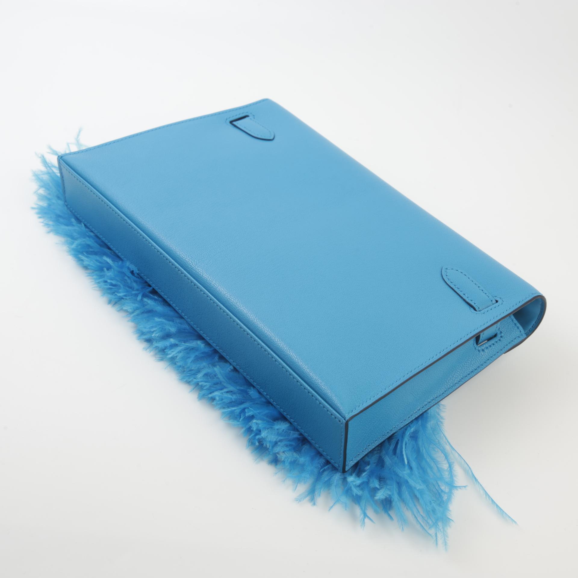 Unused ( Rank NS ) HERMÈS Limited Edition Kelly Elan Folie Bleu Frida (0F) Ostrich feather Chevre Permabrass hardware B (2023) - 6