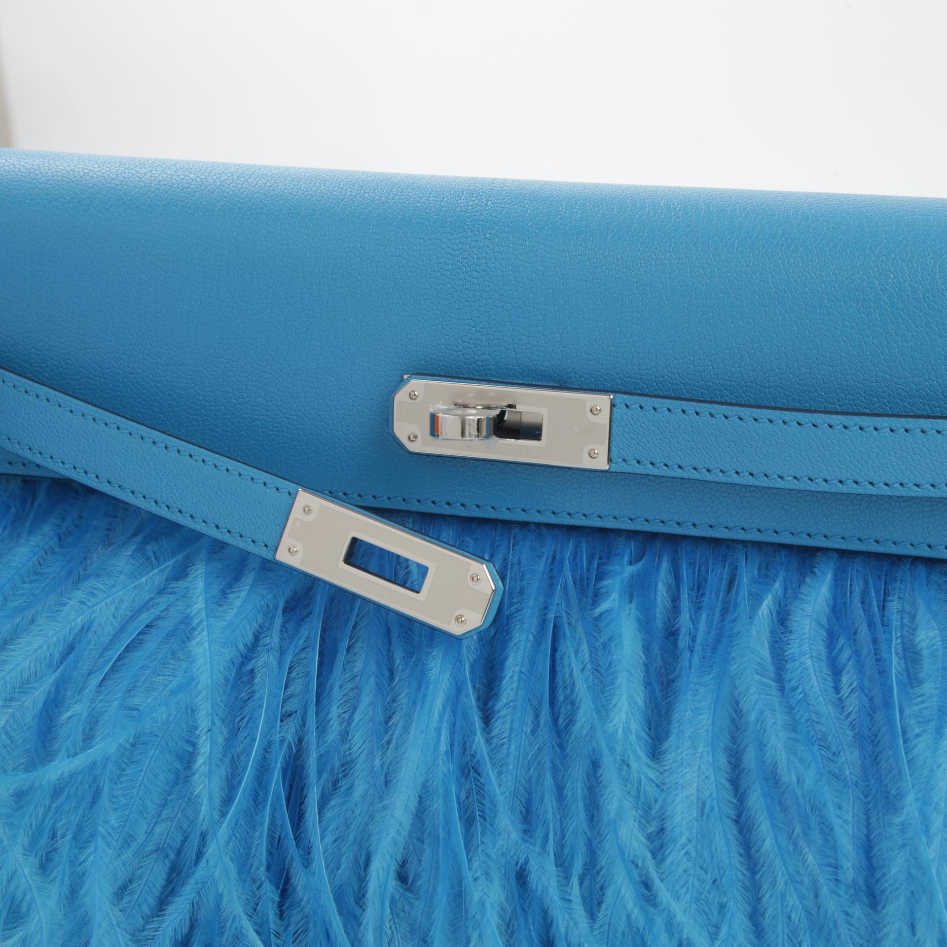 Unused ( Rank NS ) HERMÈS Limited Edition Kelly Elan Folie Bleu Frida (0F) Ostrich feather Chevre Permabrass hardware B (2023) - 7