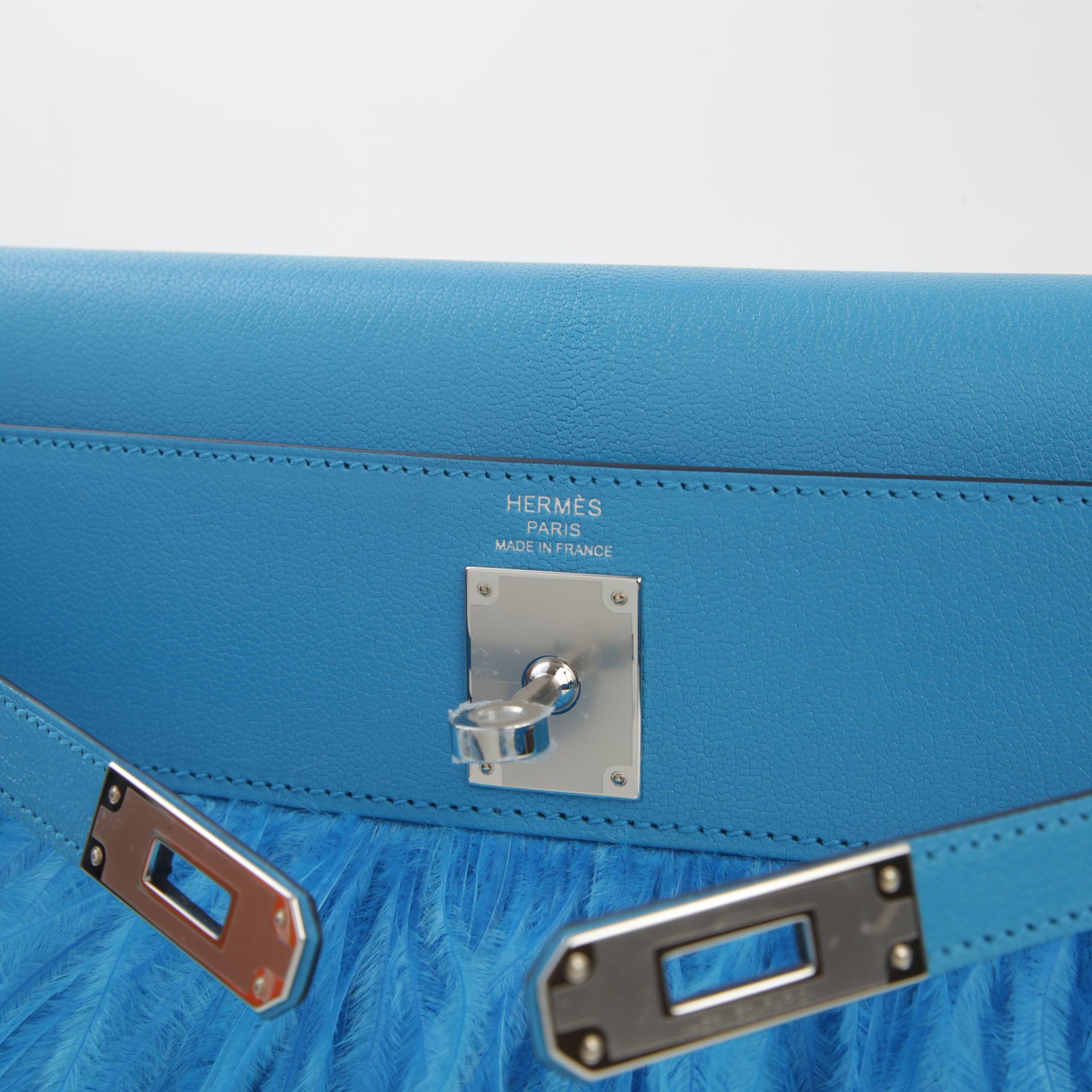 Unused ( Rank NS ) HERMÈS Limited Edition Kelly Elan Folie Bleu Frida (0F) Ostrich feather Chevre Permabrass hardware B (2023) - 8