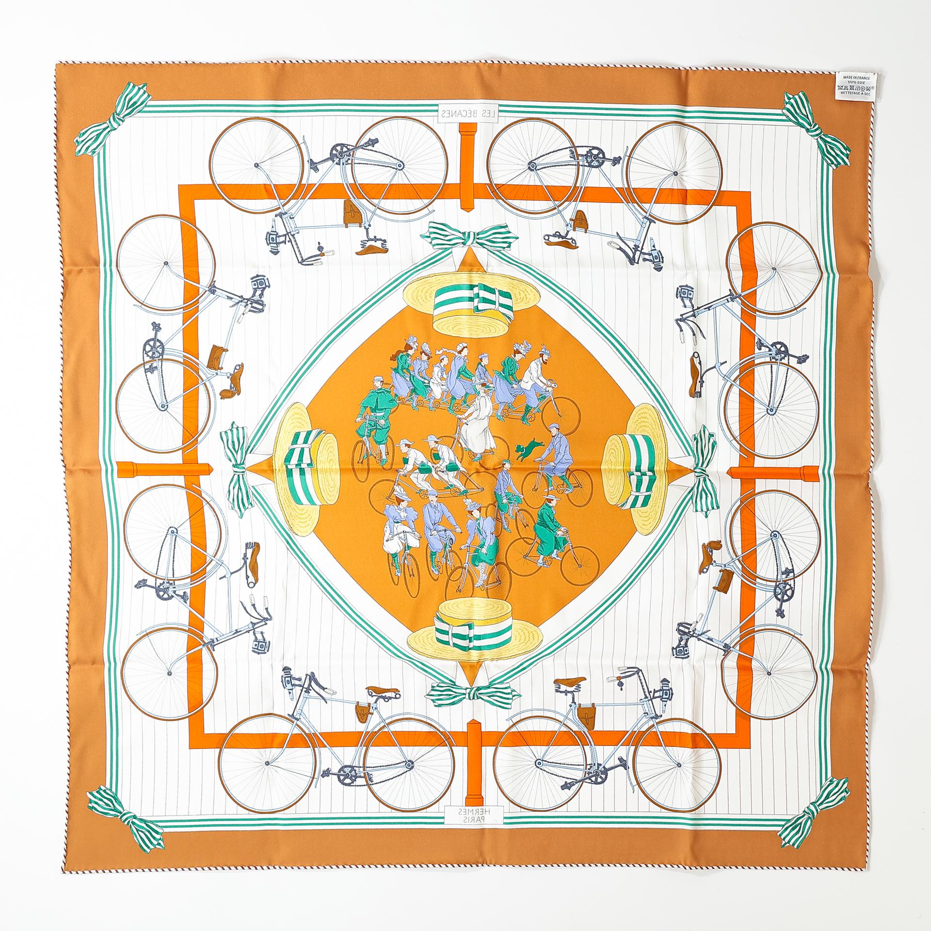 Brand New ( Rank N ) HERMÈS Carre 70 scarf Le Becanes Orange Brown White Silk - 2