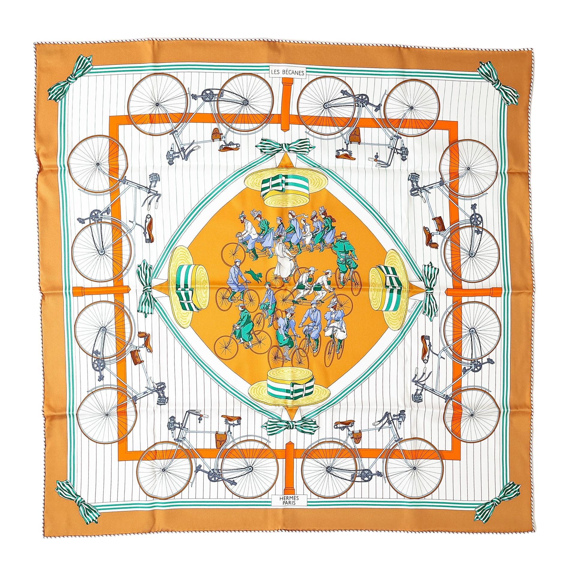 Brand New ( Rank N ) HERMÈS Carre 70 scarf Le Becanes Orange Brown White Silk - 1