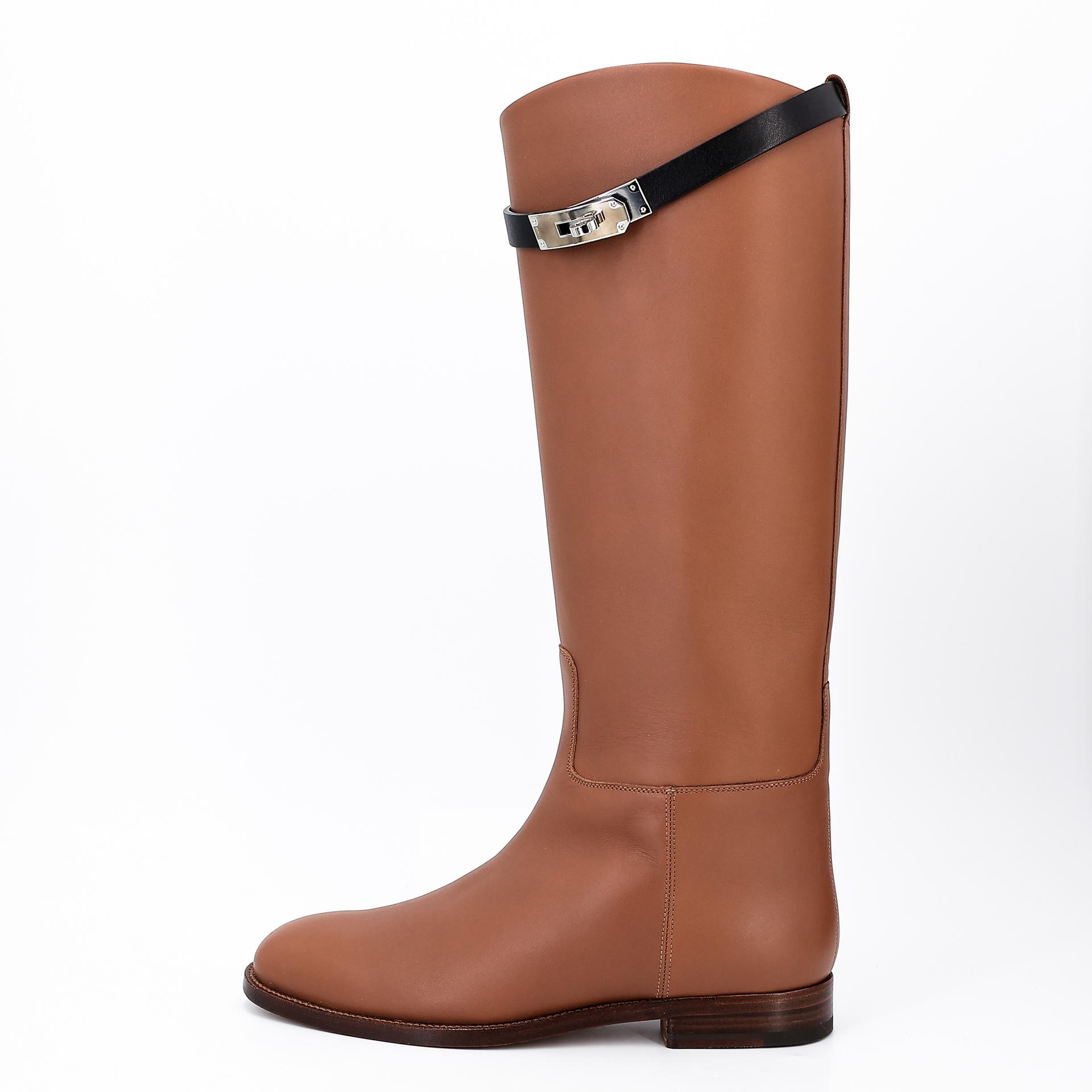 Brand New ( Rank N ) HERMÈS Botte Femme Jumping Brown Black (89) Box-calf Palladium hardware - 5