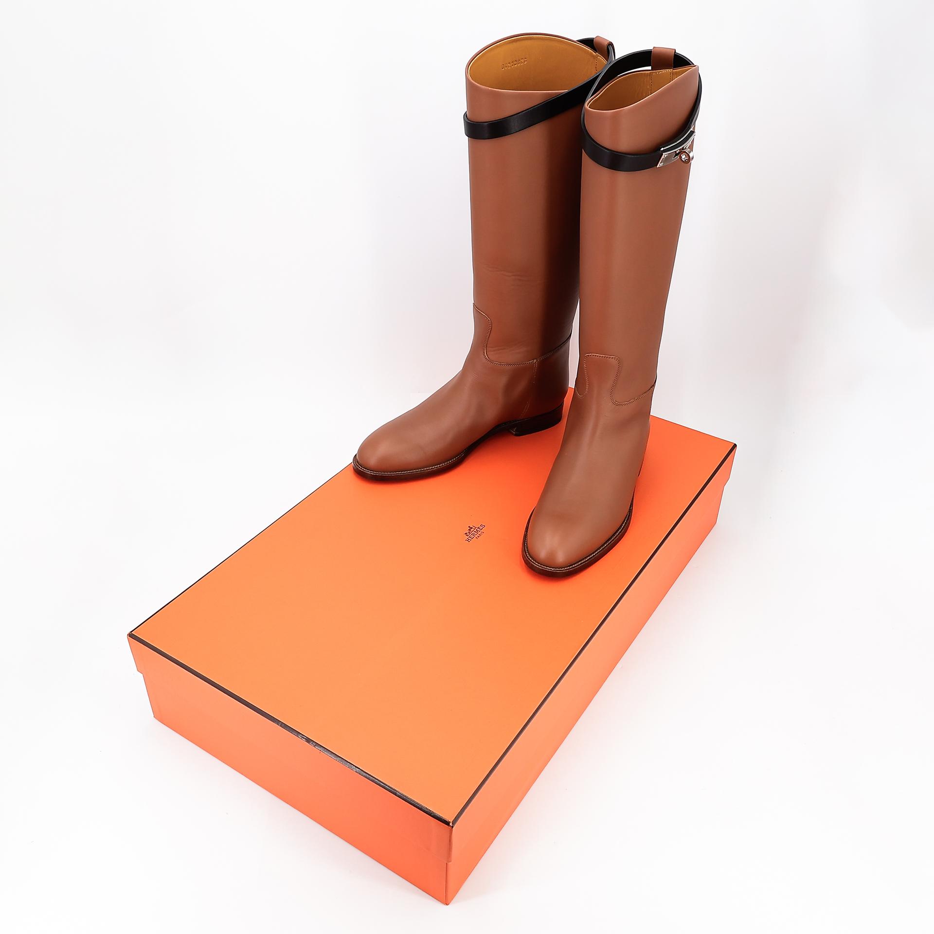 Brand New ( Rank N ) HERMÈS Botte Femme Jumping Brown Black (89) Box-calf Palladium hardware - 17