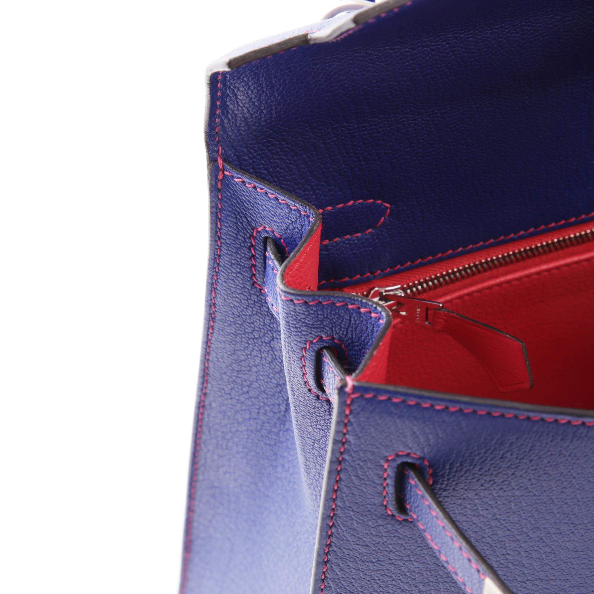 A美品 HERMÈS 爱马仕 马蹄印定制 Kelly 25 外缝 90 覆盆子粉 Framboise 7T 电光蓝 Bleu Electrique A5 杜鹃红 Bougainvillea Chevre山羊皮 拉丝银扣 Z刻 2021年 - 12