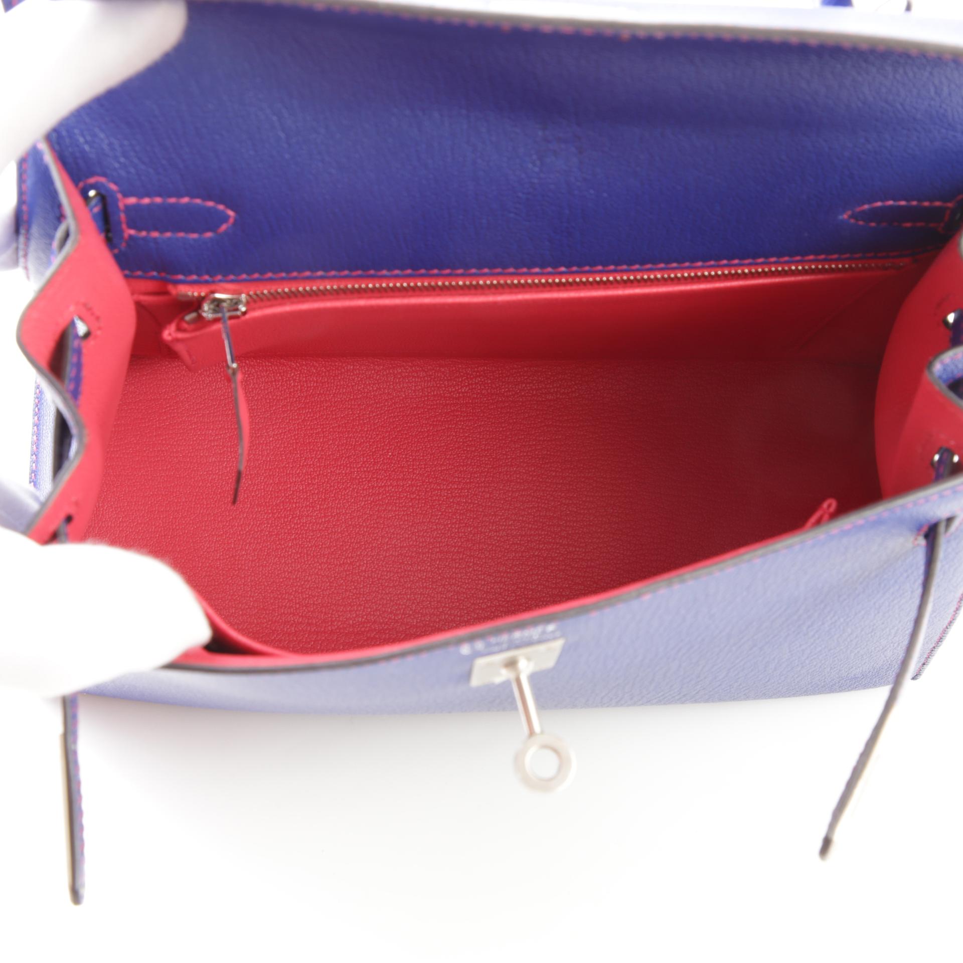 A美品 HERMÈS 爱马仕 马蹄印定制 Kelly 25 外缝 90 覆盆子粉 Framboise 7T 电光蓝 Bleu Electrique A5 杜鹃红 Bougainvillea Chevre山羊皮 拉丝银扣 Z刻 2021年 - 10
