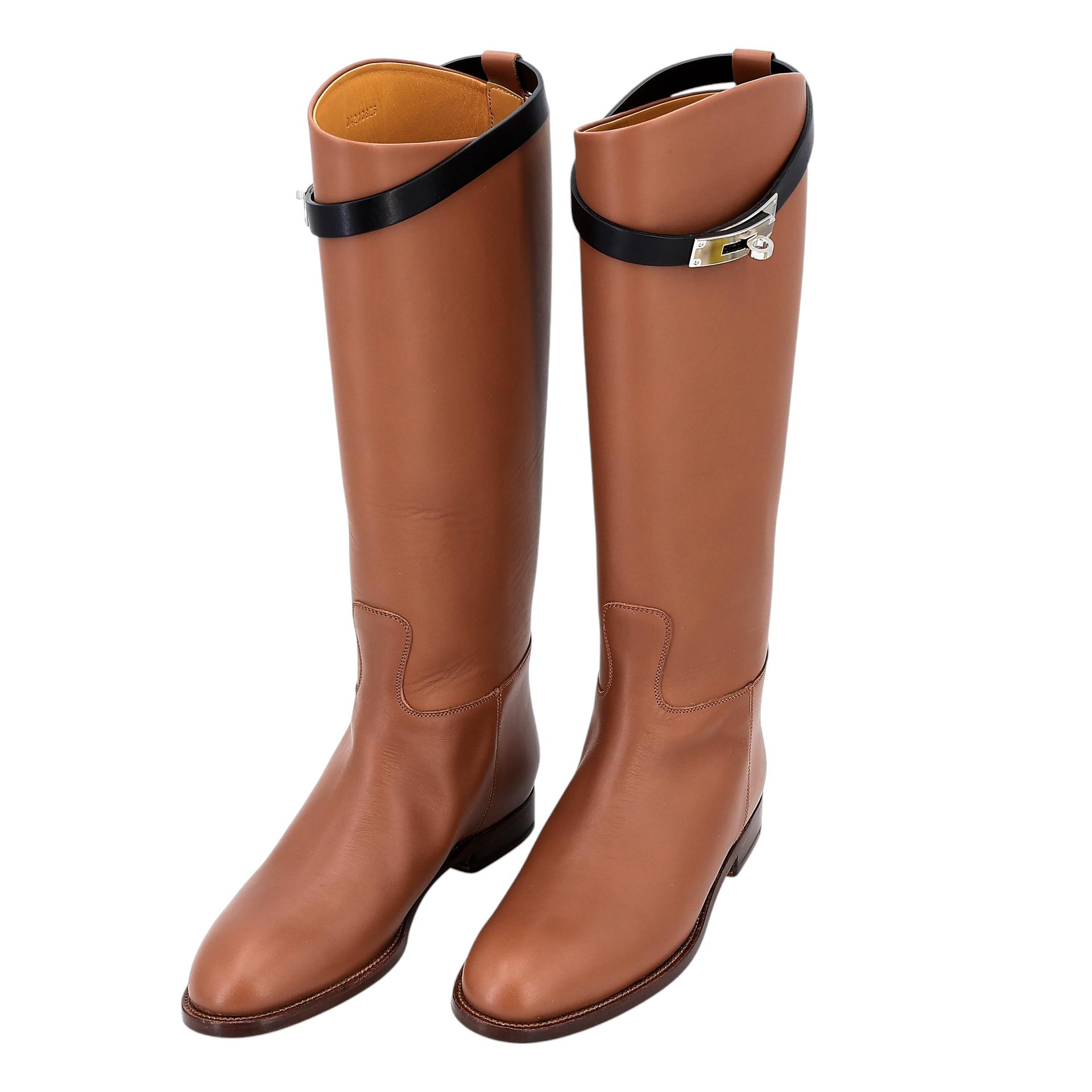 Brand New ( Rank N ) HERMÈS Botte Femme Jumping Brown Black (89) Box-calf Palladium hardware - 1
