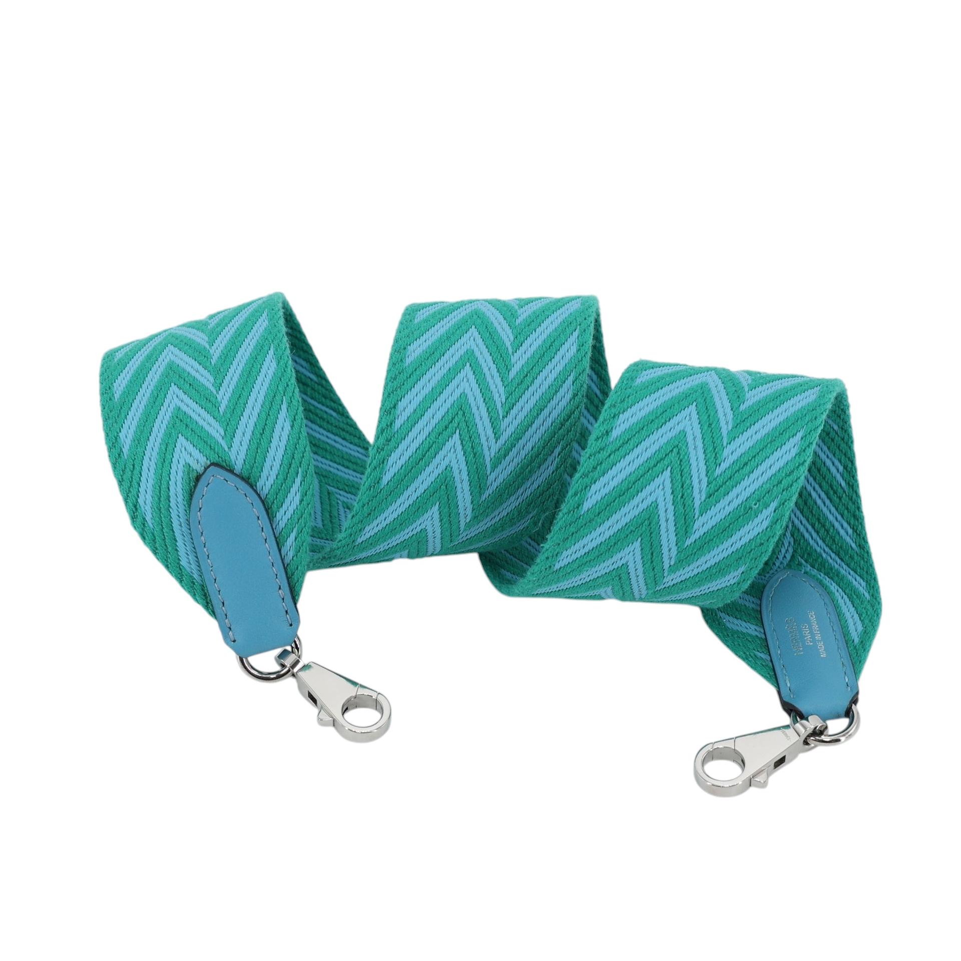 Very Good ( Rank A) HERMÈS Bandouliere Sangle Zigzag Green Blue Canvas Swift Palladium hardware D (2019) - 1