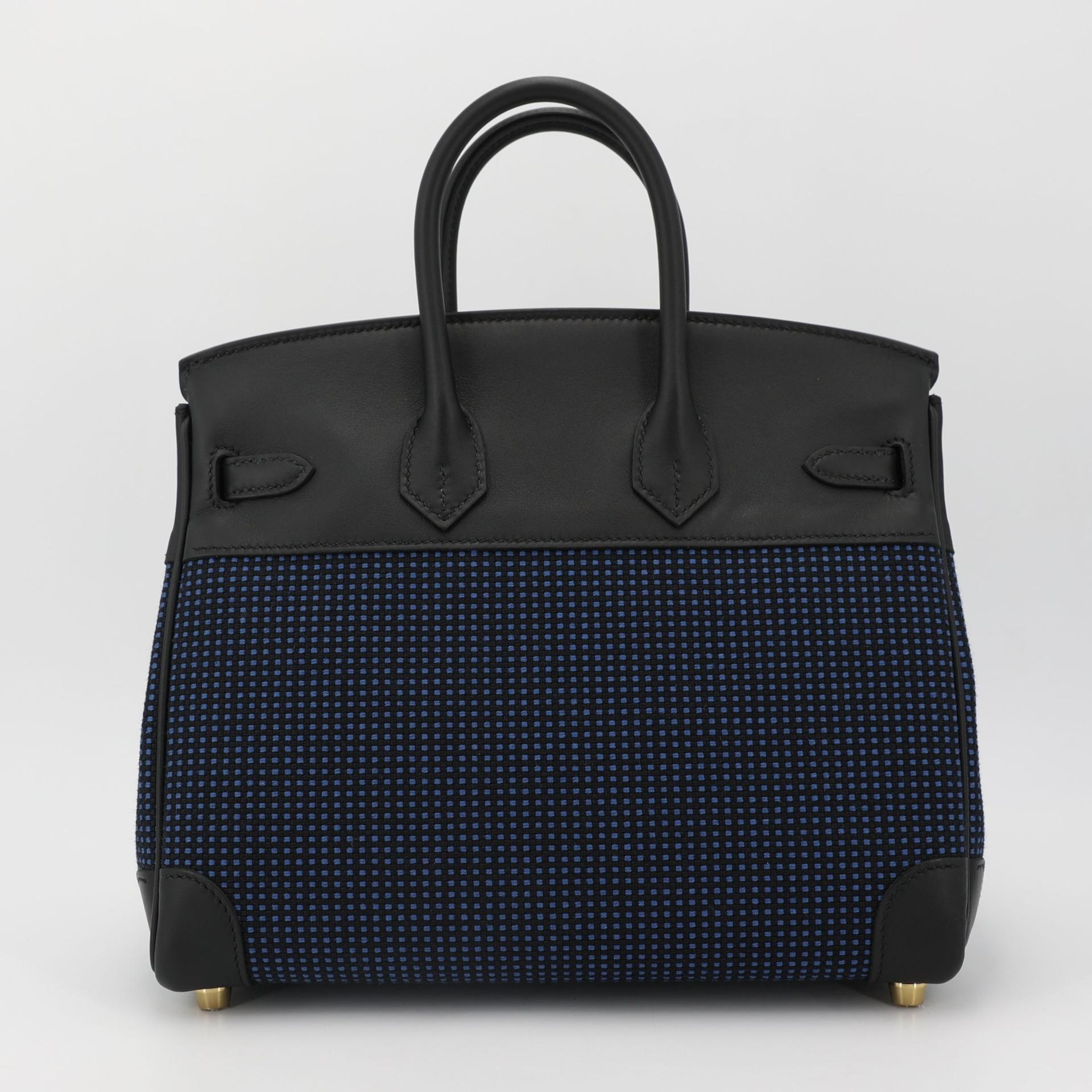 Brand New ( Rank N ) HERMÈS Birkin 25 Black (89) Bleu Egee Swift Toile Quadrille Gold hardware W (2024) - 2