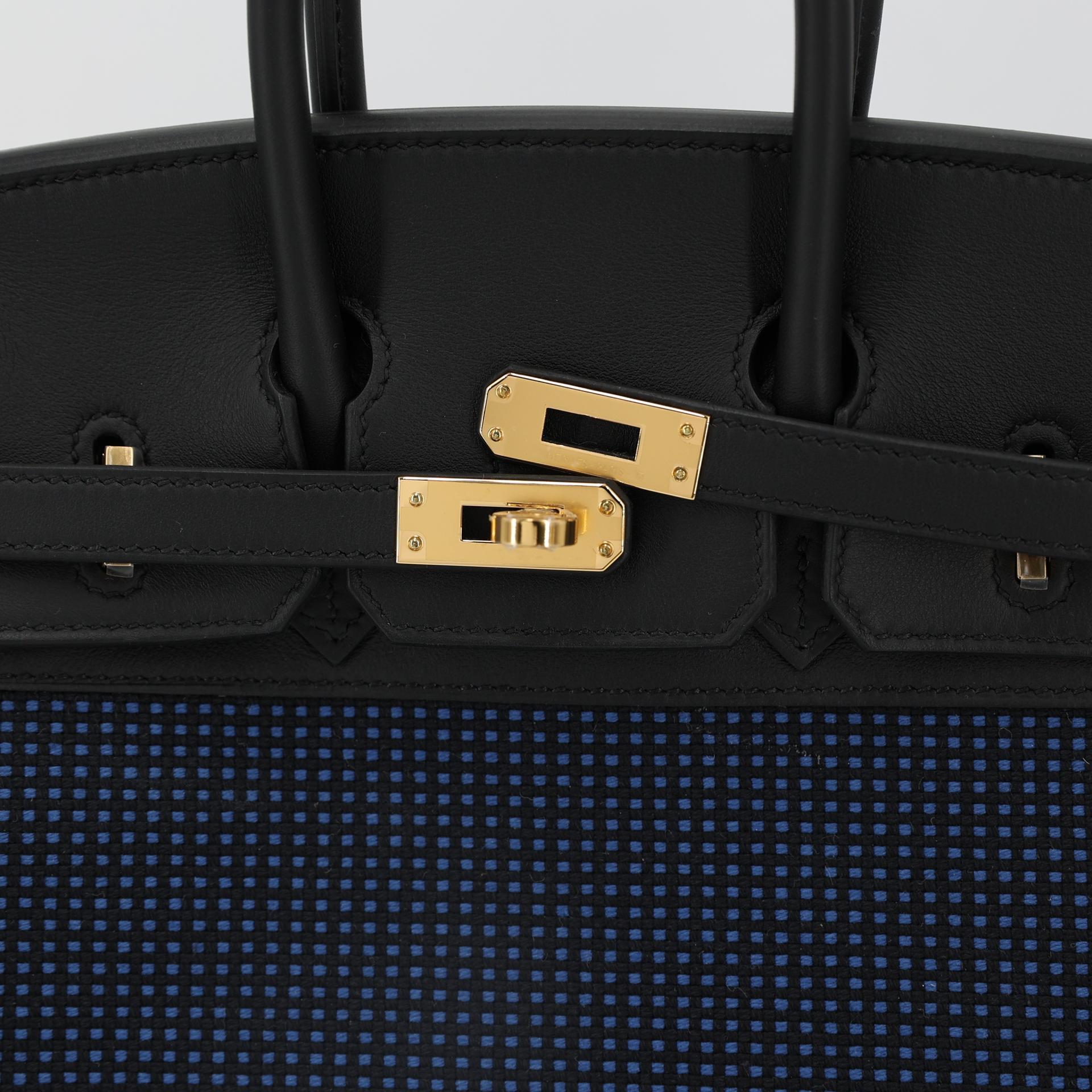 Brand New ( Rank N ) HERMÈS Birkin 25 Black (89) Bleu Egee Swift Toile Quadrille Gold hardware W (2024) - 8